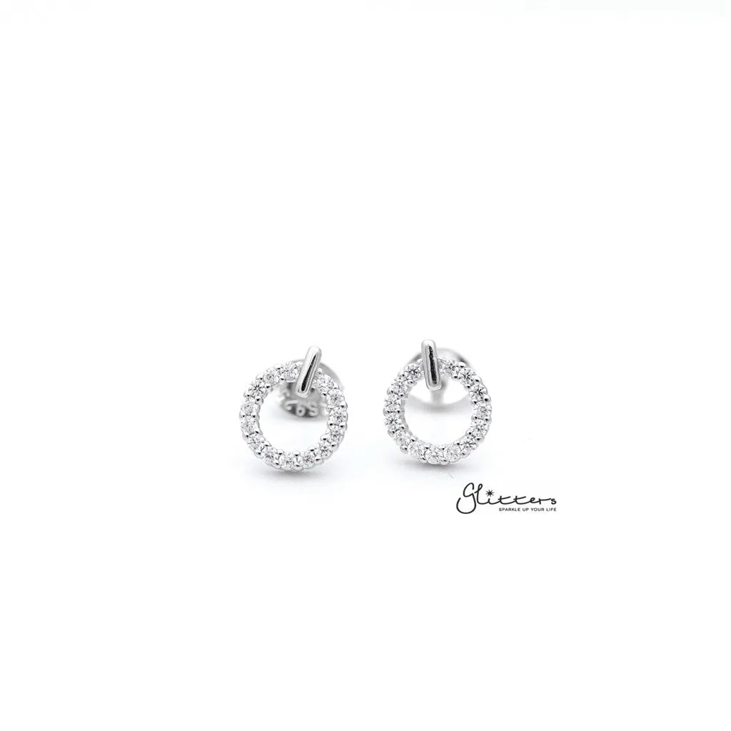 Sterling Silver Hollow Circle with C.Z Paved Women's Stud Earrings