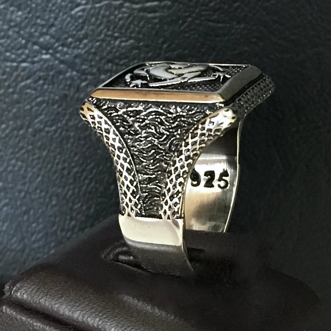 Sterling Silver Men's Signet Ring Ottoman Secret Service Symbol Teskilati Mahsusa