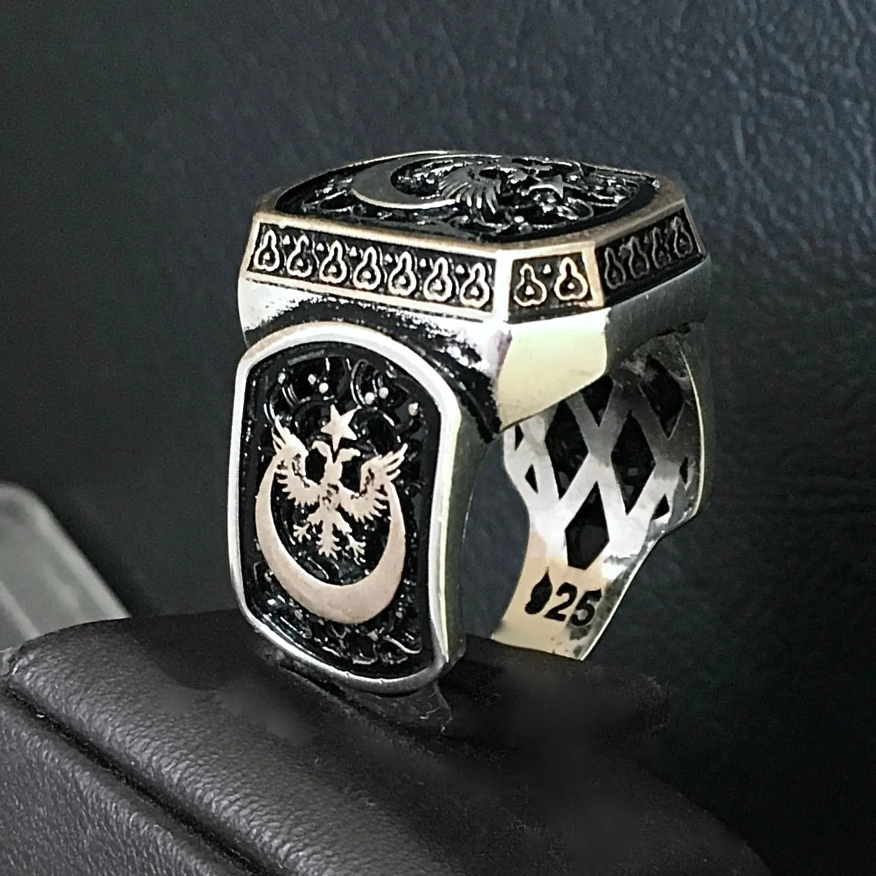 Sterling Silver Men's Turkish Signet Ring Crescent Star Double Headed Eagle