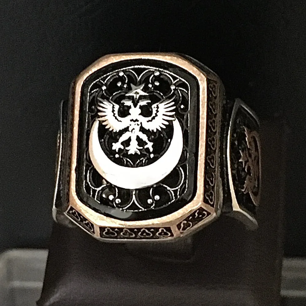 Sterling Silver Men's Turkish Signet Ring Crescent Star Double Headed Eagle