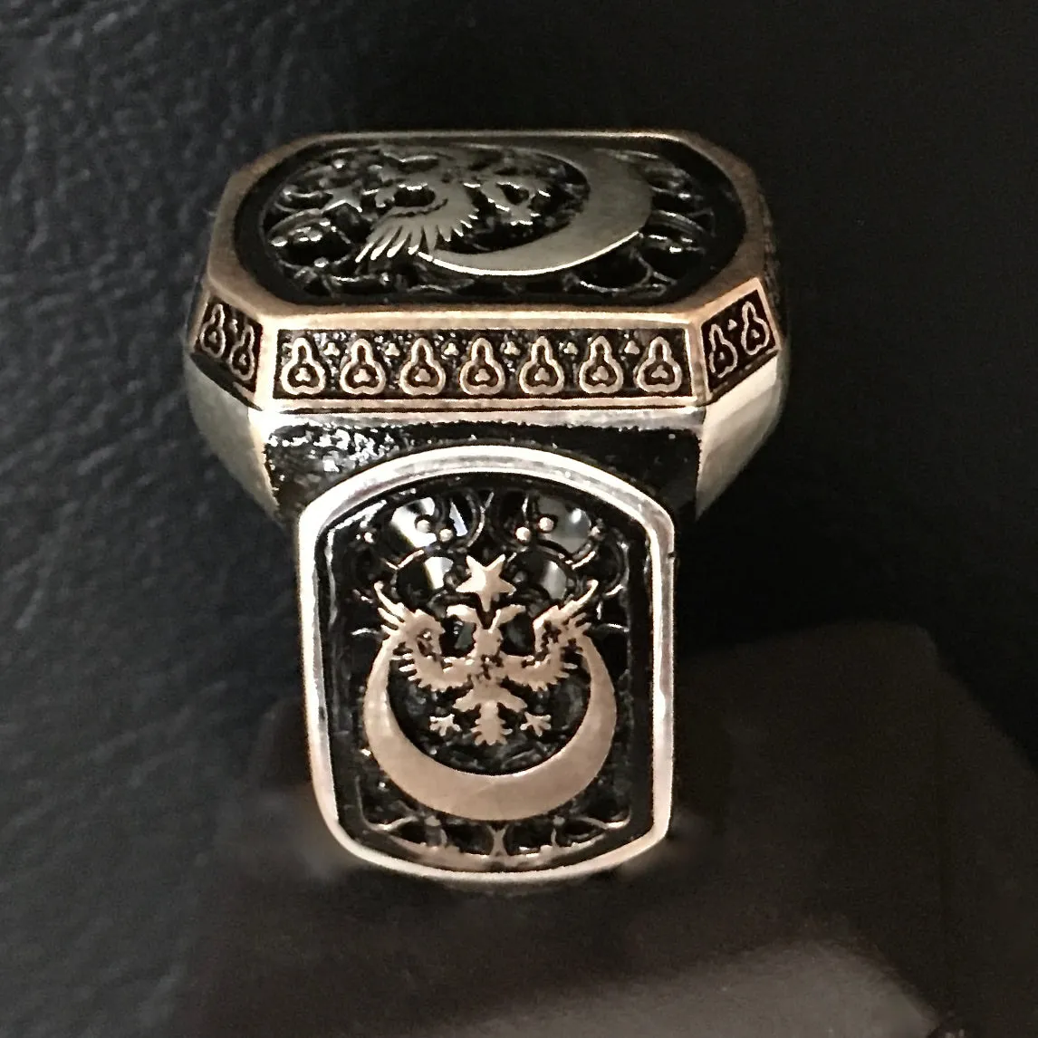 Sterling Silver Men's Turkish Signet Ring Crescent Star Double Headed Eagle