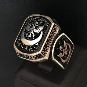 Sterling Silver Men's Turkish Signet Ring Crescent Star Double Headed Eagle