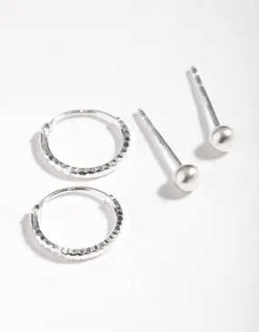 Sterling Silver Mini Textured Hoop Stud Earring Pack