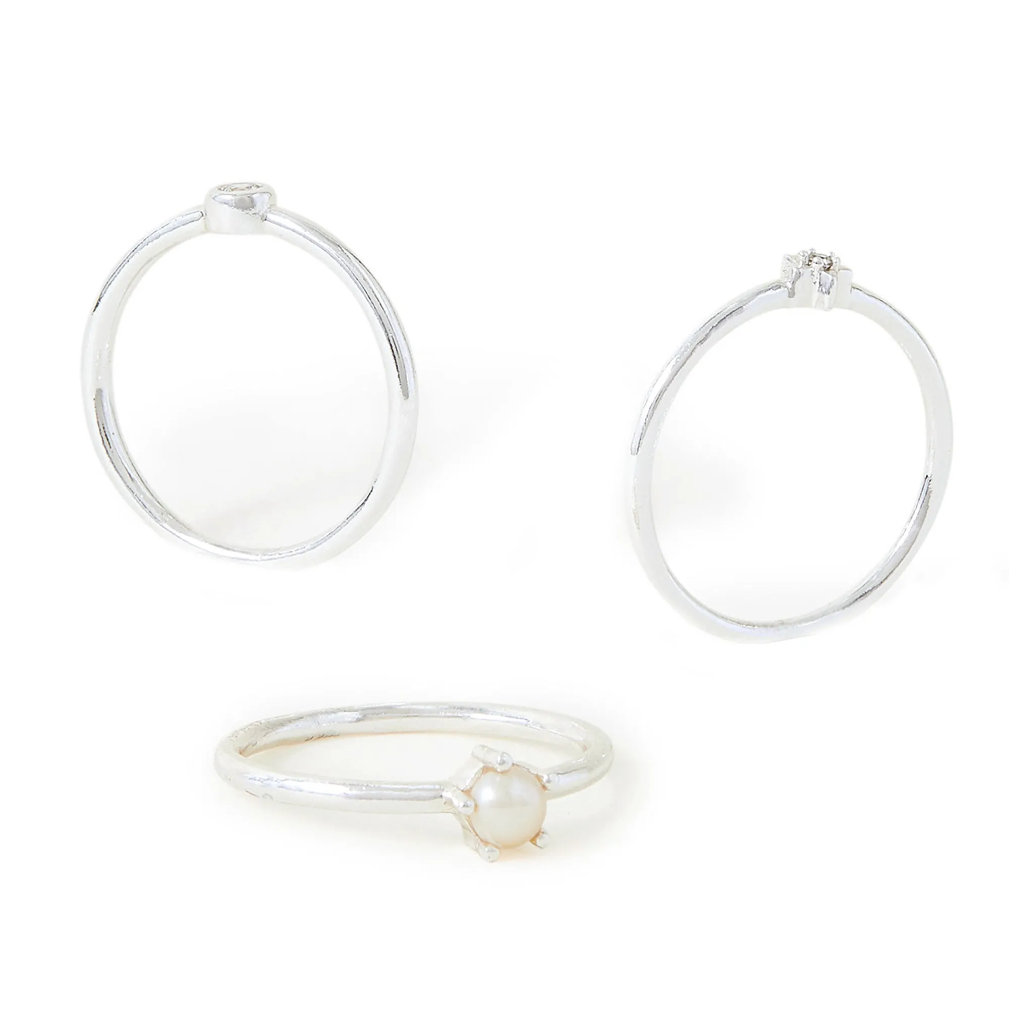 Sterling Silver-Plated Rings Set Of Three Cream-Large