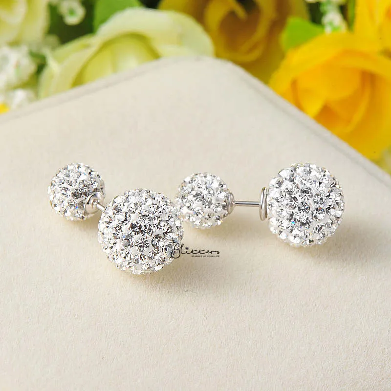 Sterling Silver with Double Sided Crystal Pave Balls Stud Earrings