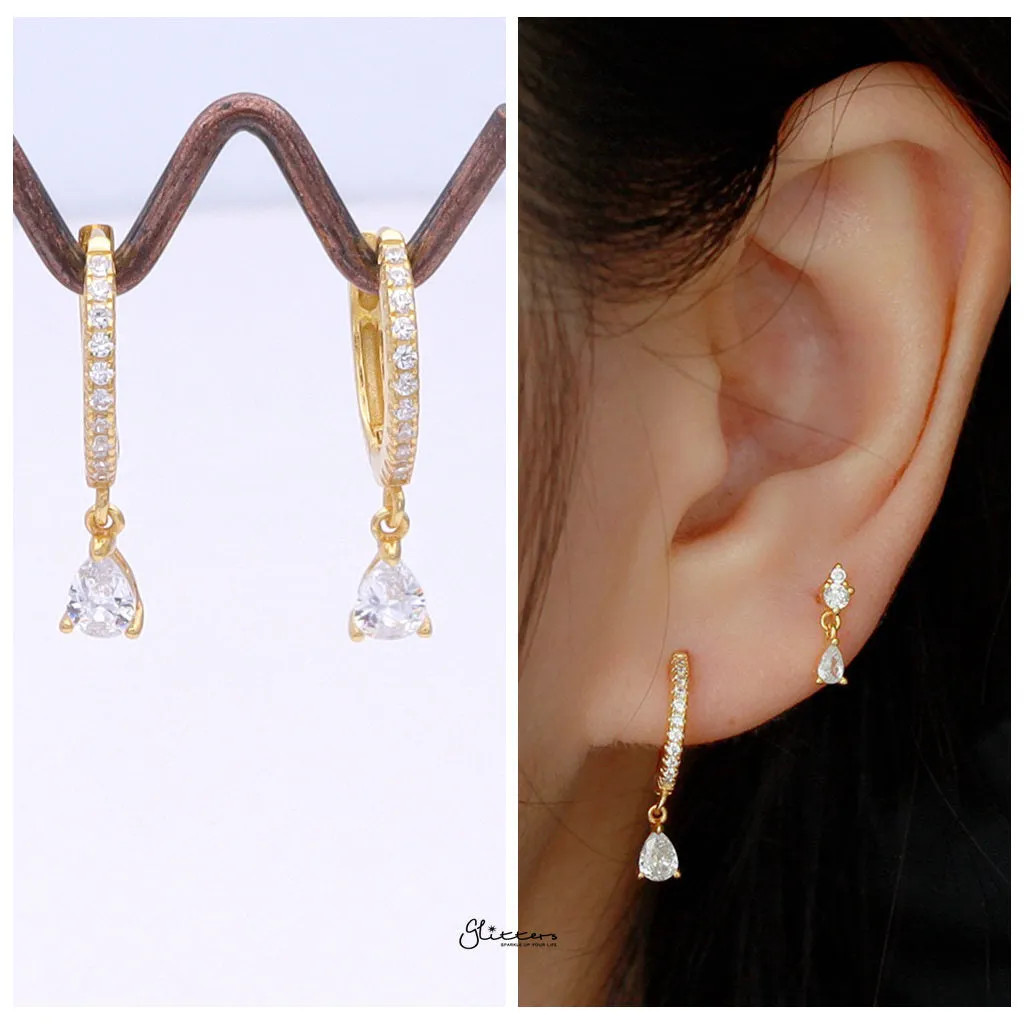 Teardrop CZ Charm Hoop Earrings - Gold