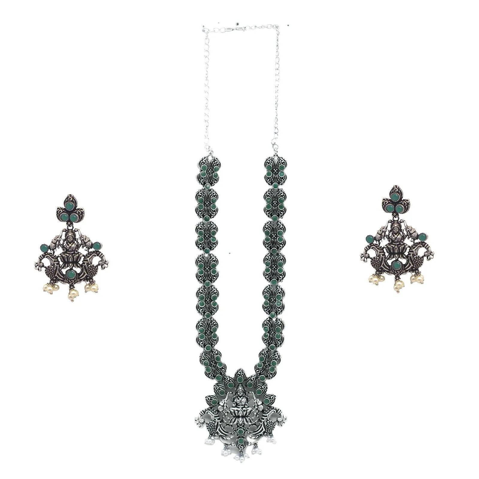 Teejh Rachita Green Stone Temple Work Necklace Set