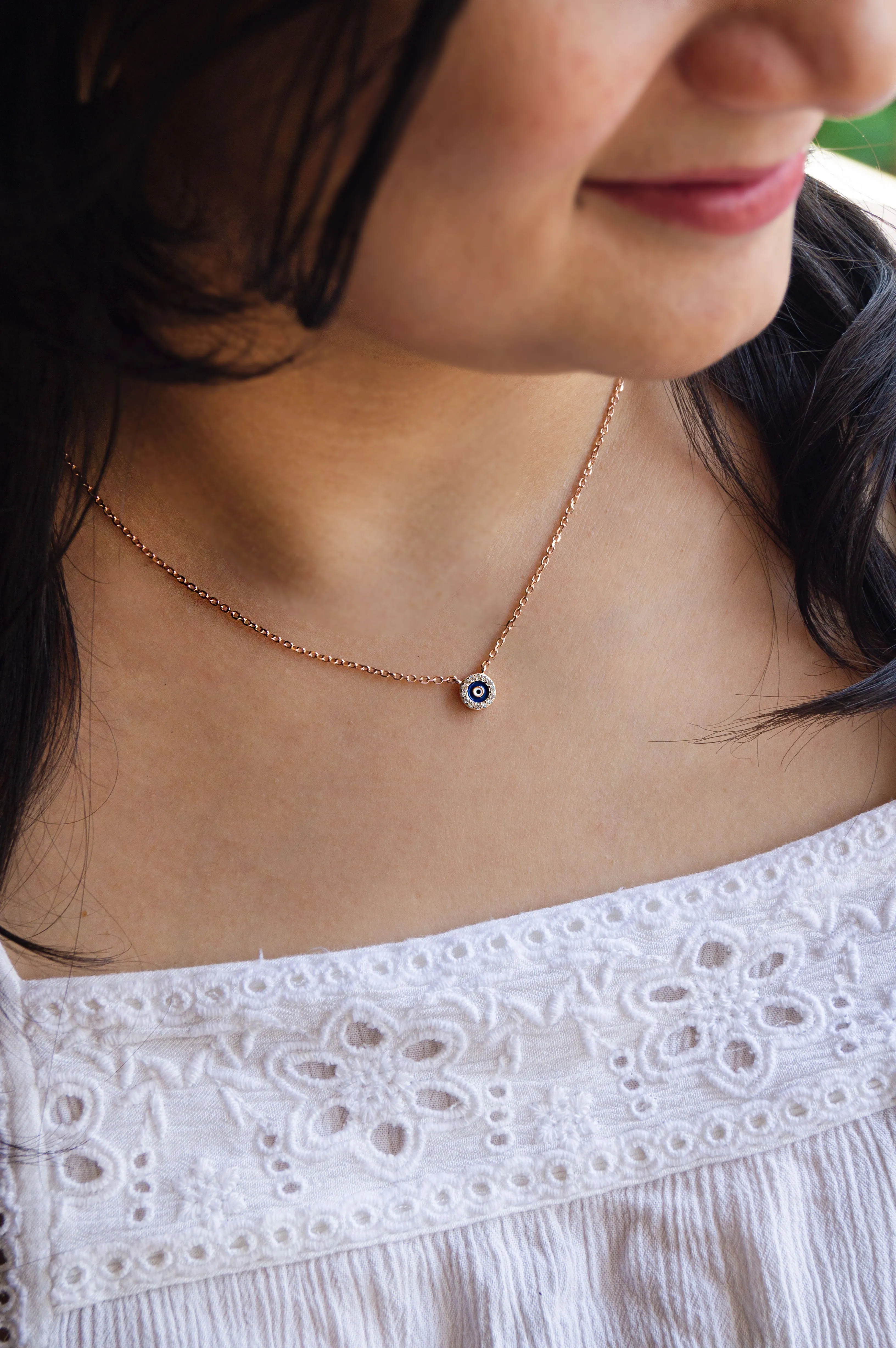 Teensy Divine Evil Eye Rose Gold Plated Sterling Silver Chain Necklace