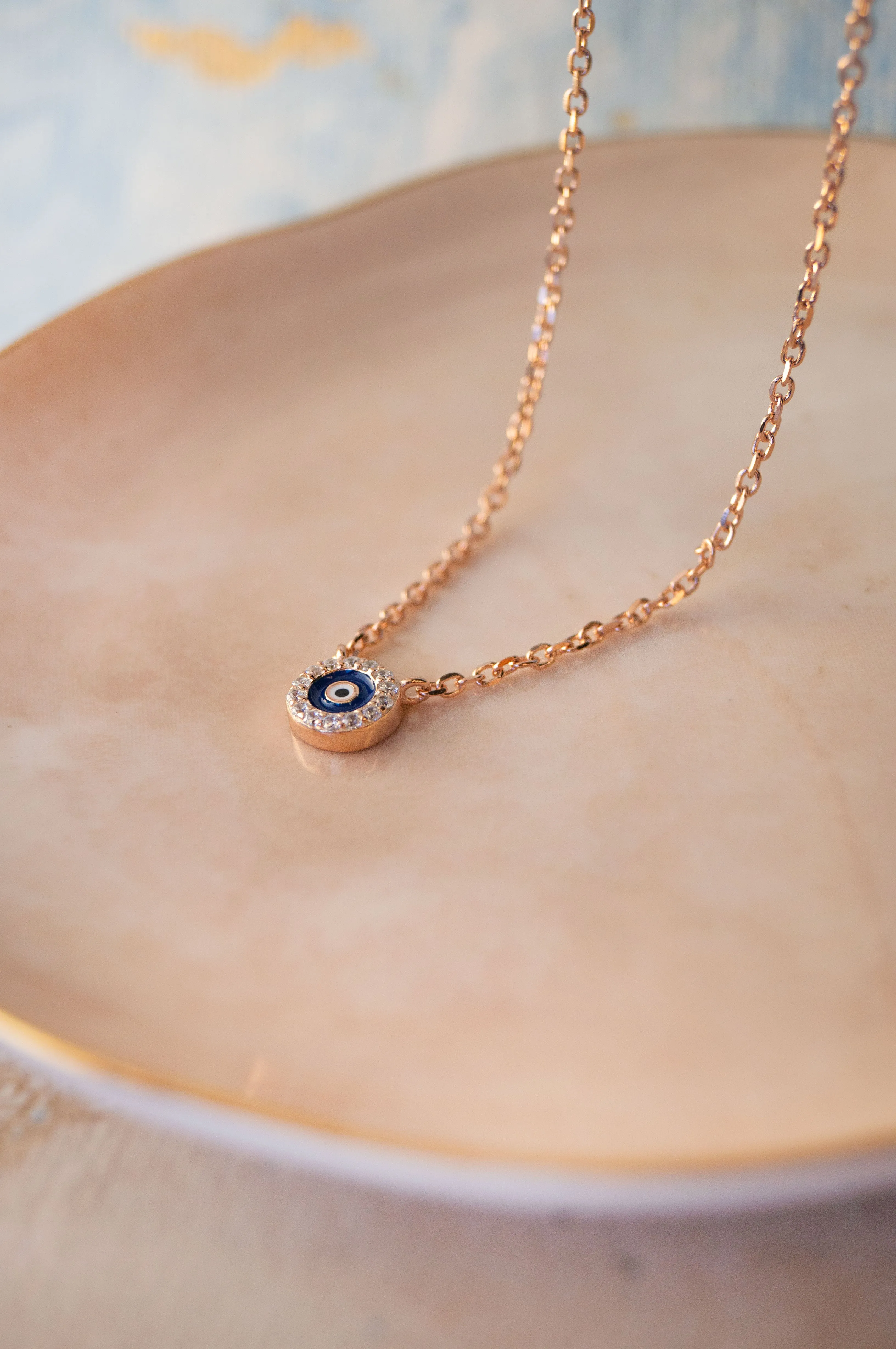 Teensy Divine Evil Eye Rose Gold Plated Sterling Silver Chain Necklace