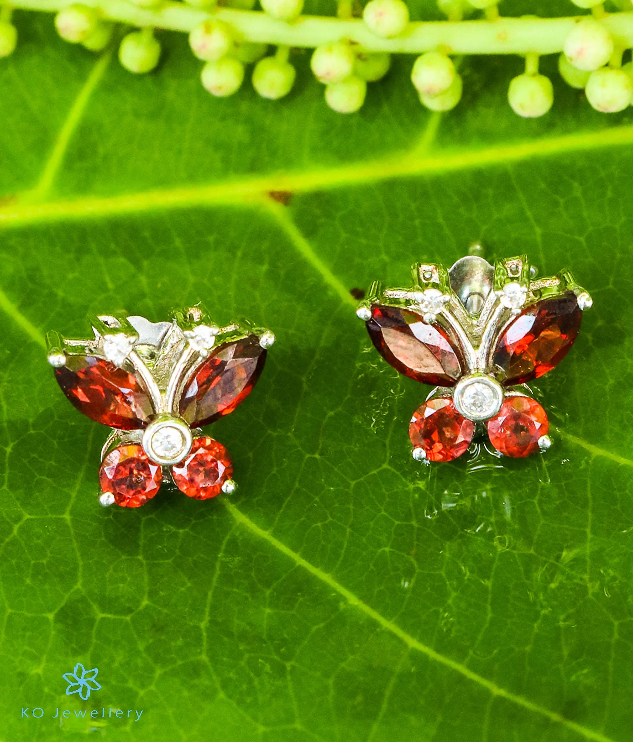 The Butterfly Silver Gemstone Ear-studs (Garnet/Red)