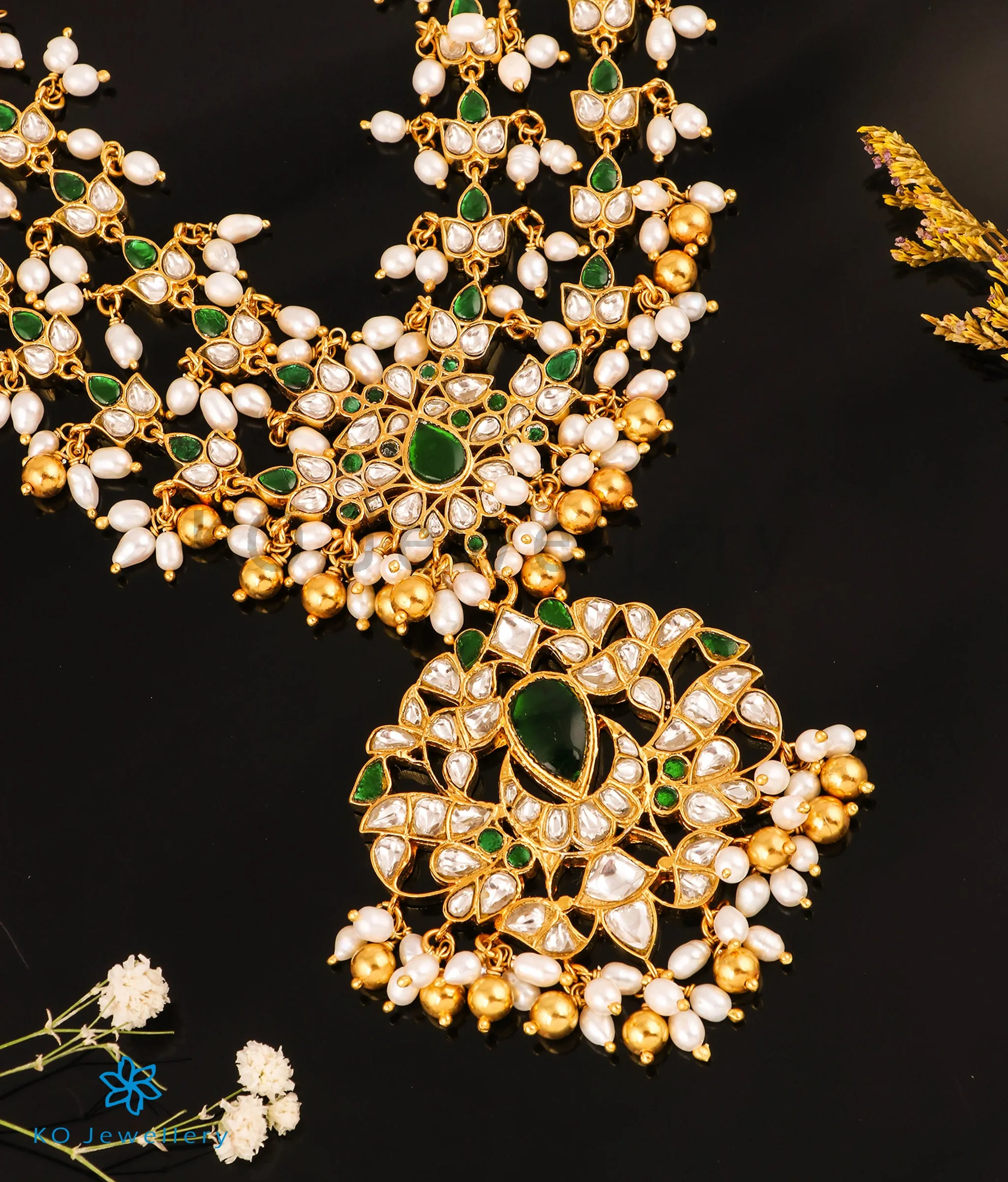 The Mehak Silver Kundan-Jadau Pearl Necklace (Green)