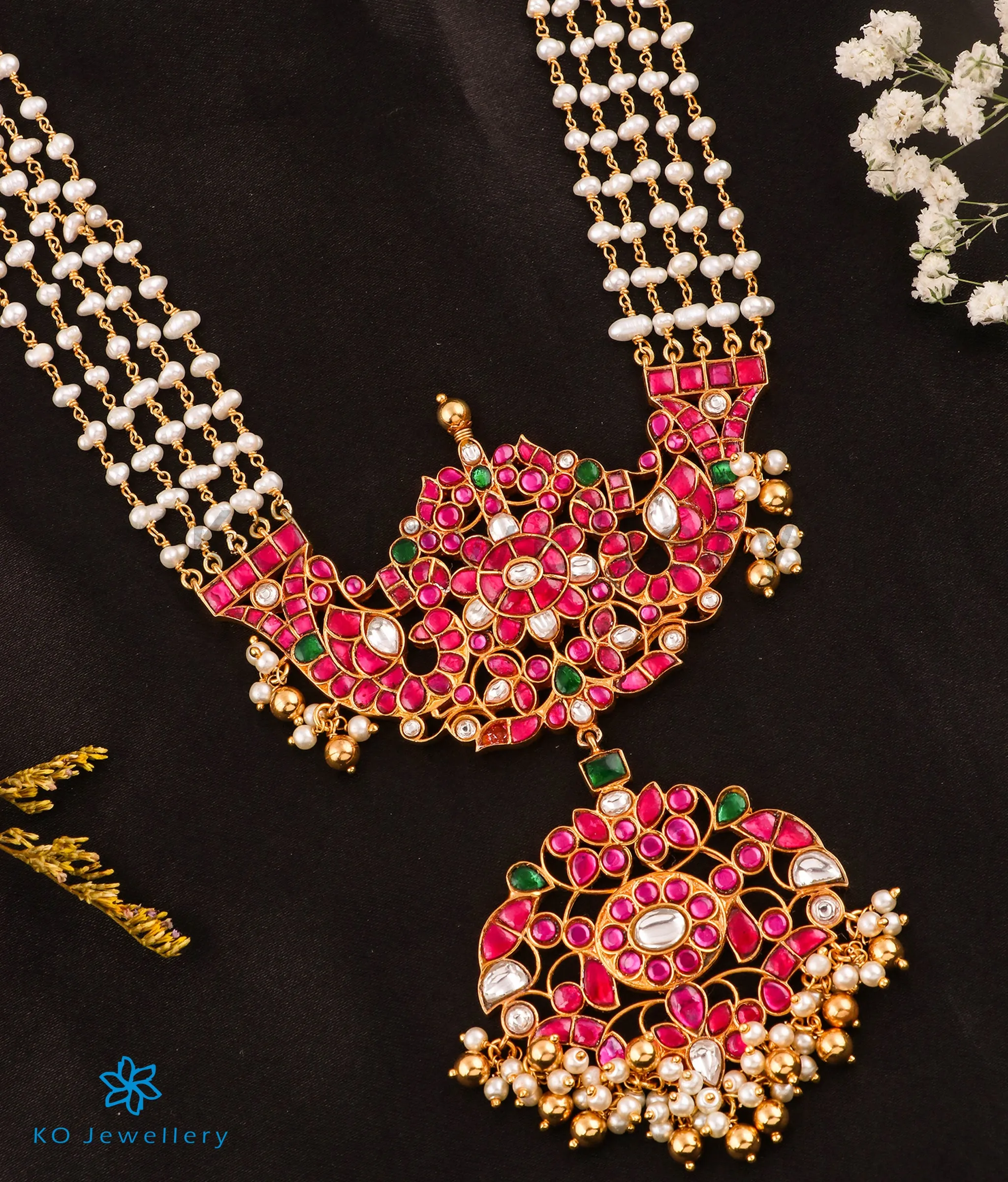 The Ravina Silver Kundan Peacock Pearl Necklace (5 strands)