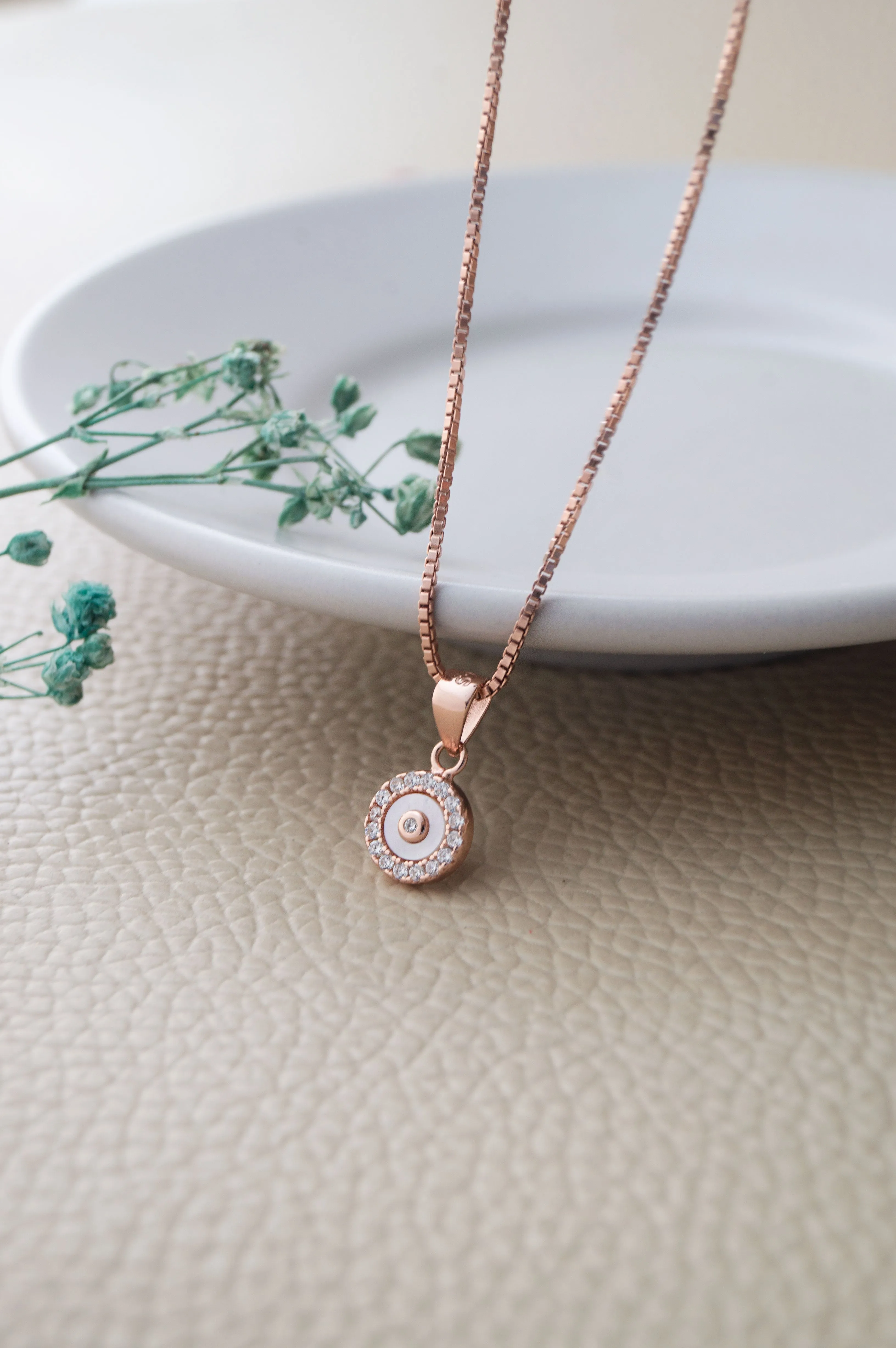 Tiny Mother Of Pearl Circlet Rose Gold Plated Sparkle Sterling Silver Pendant