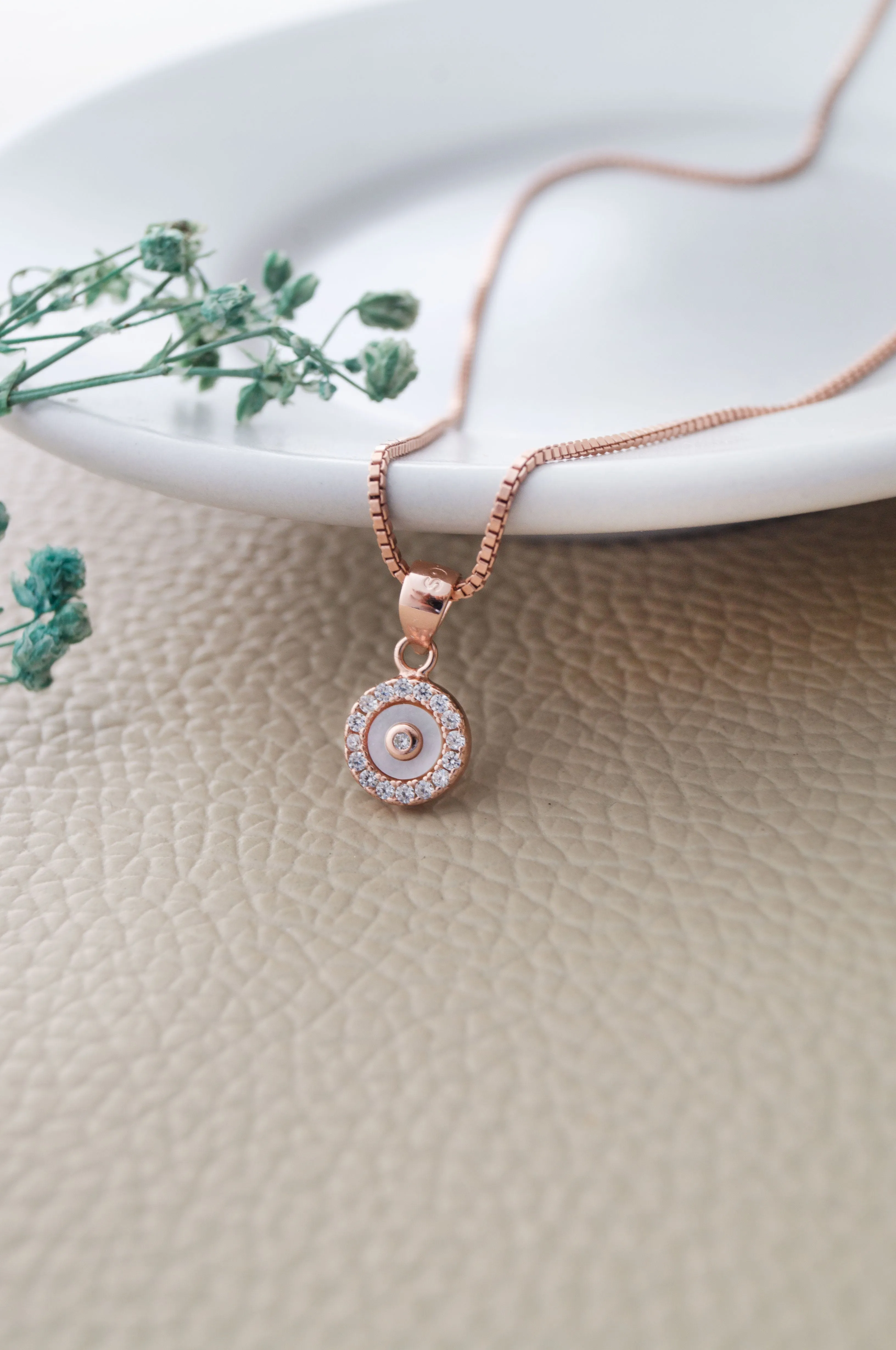 Tiny Mother Of Pearl Circlet Rose Gold Plated Sparkle Sterling Silver Pendant