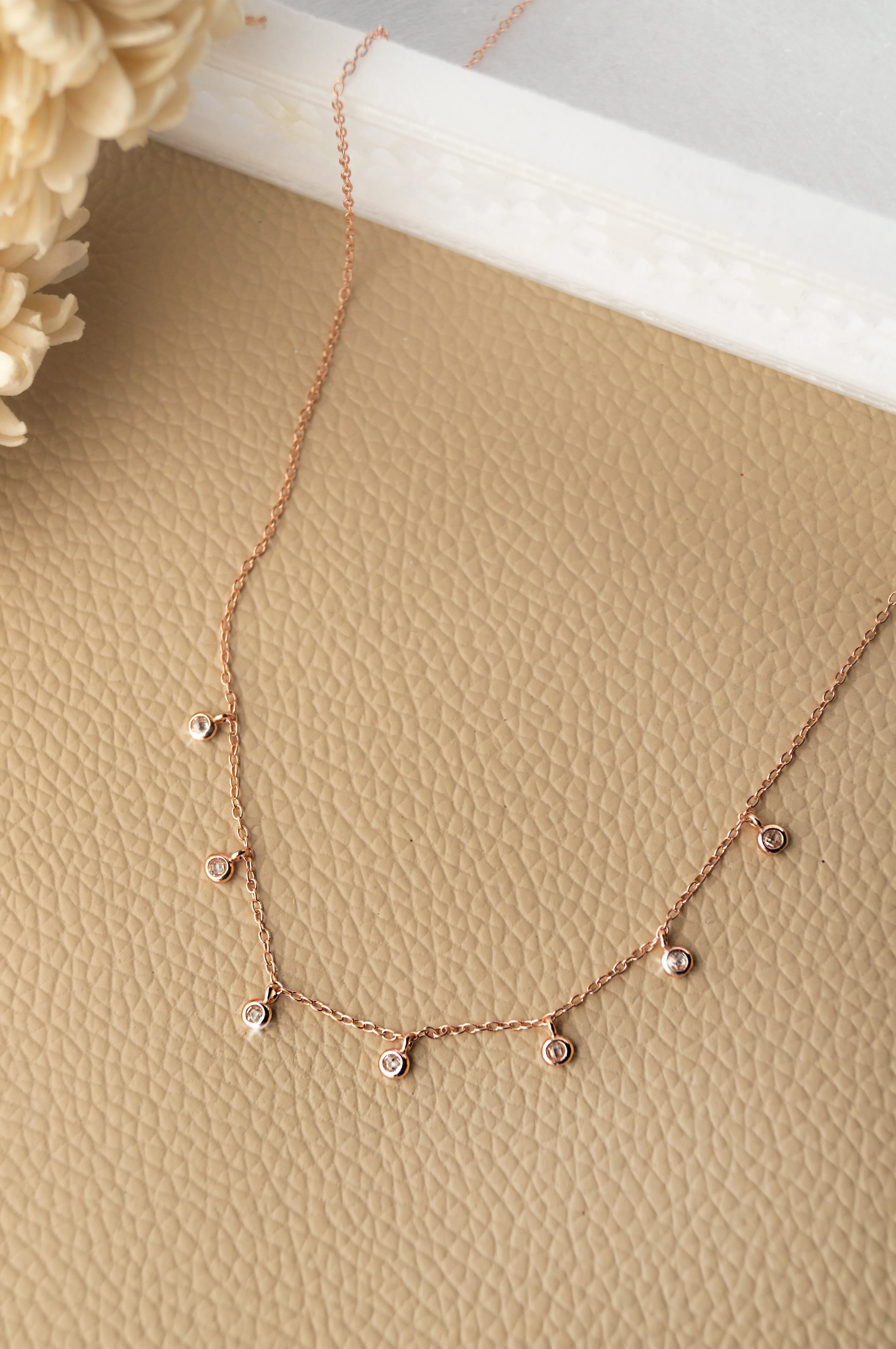 Tiny Solitaire Charms Rose Gold Plated Sterling Silver Delicate Necklace