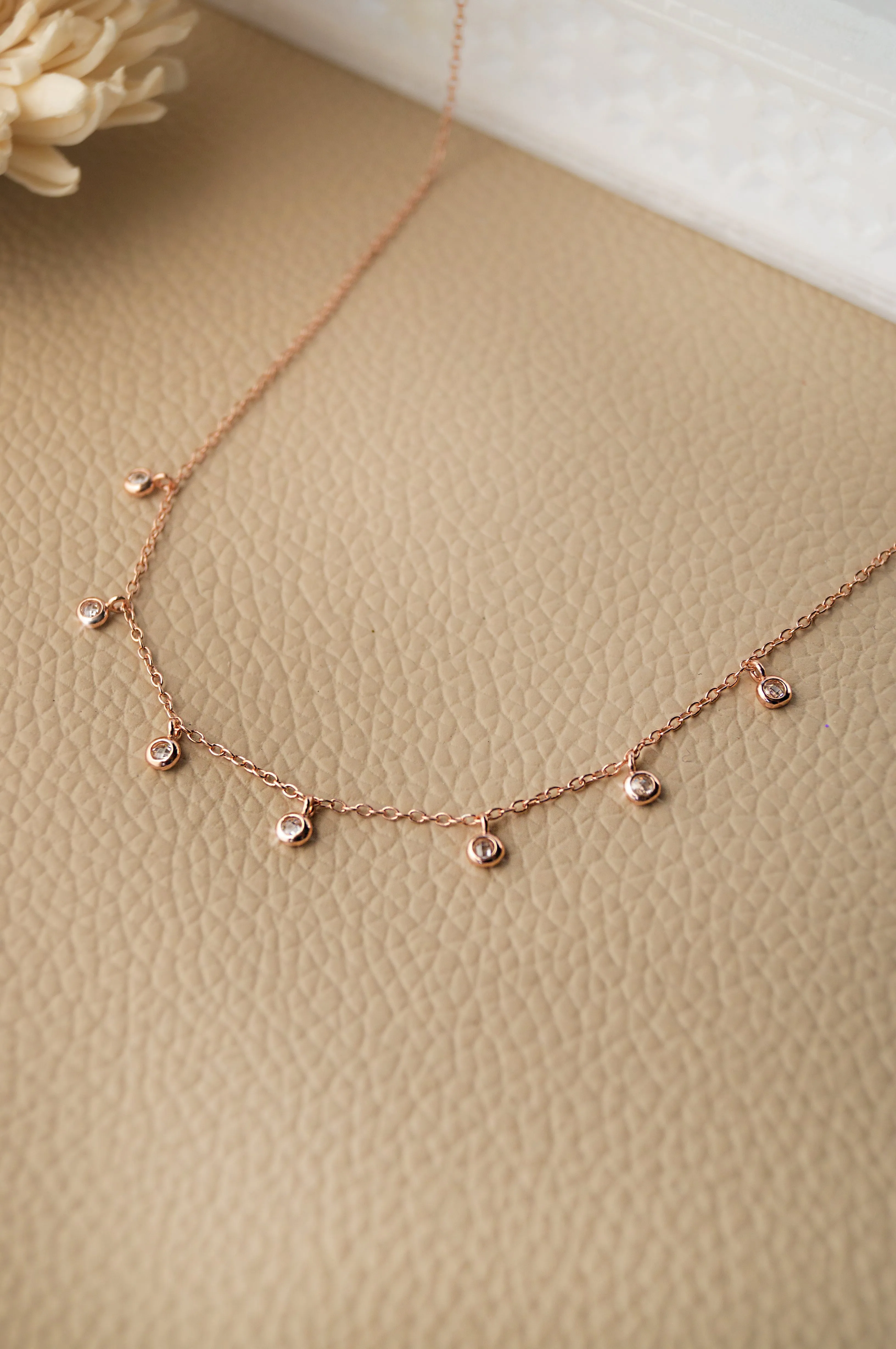 Tiny Solitaire Charms Rose Gold Plated Sterling Silver Delicate Necklace