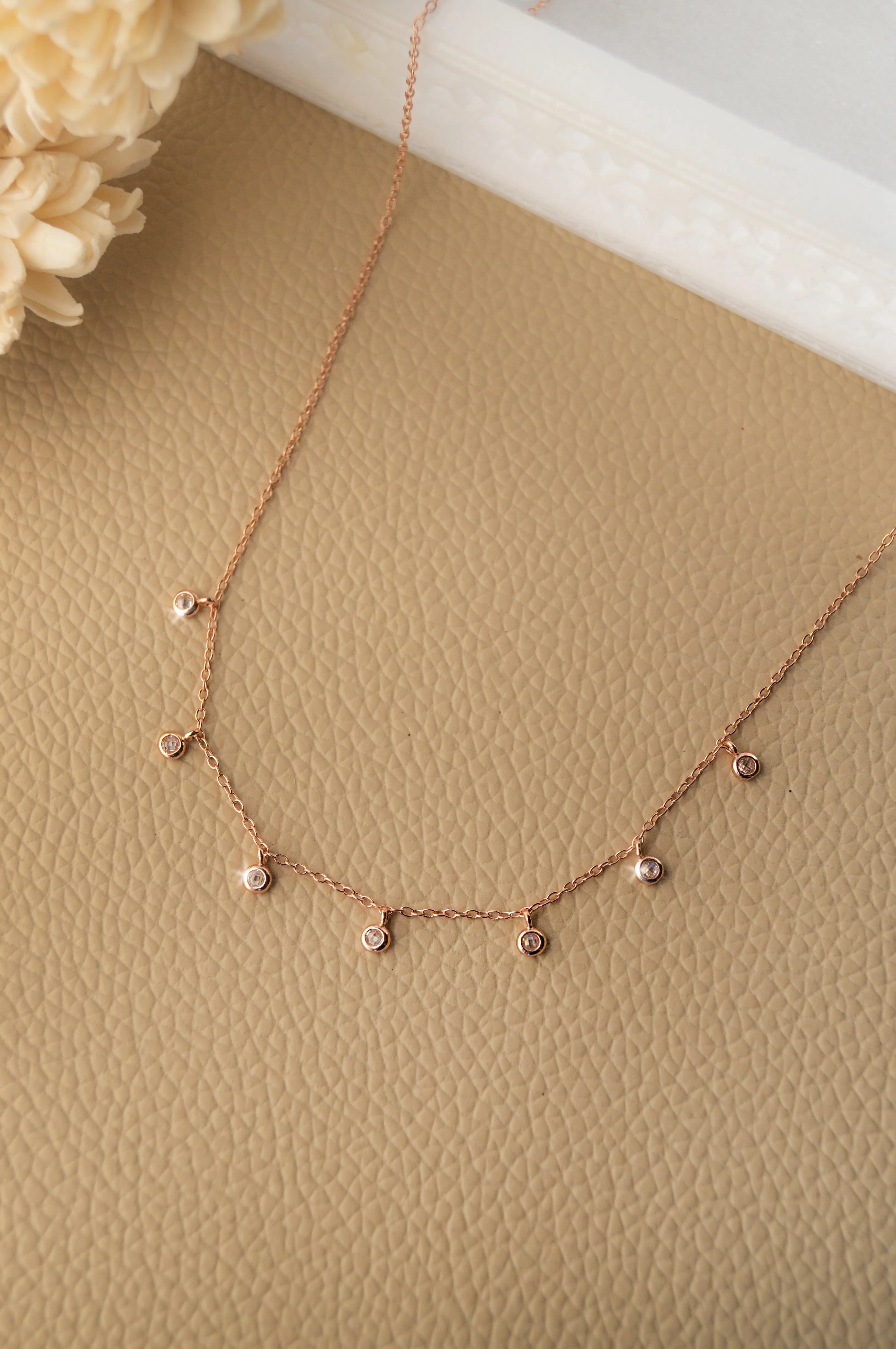 Tiny Solitaire Charms Rose Gold Plated Sterling Silver Delicate Necklace