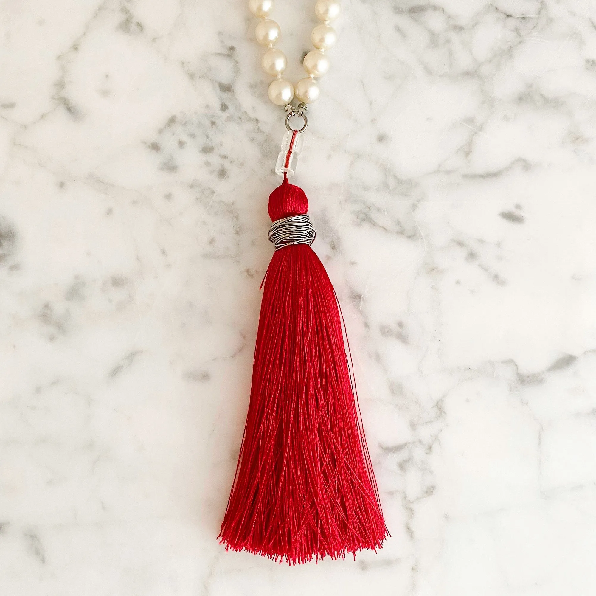 TOVA pearl and red tassel necklace