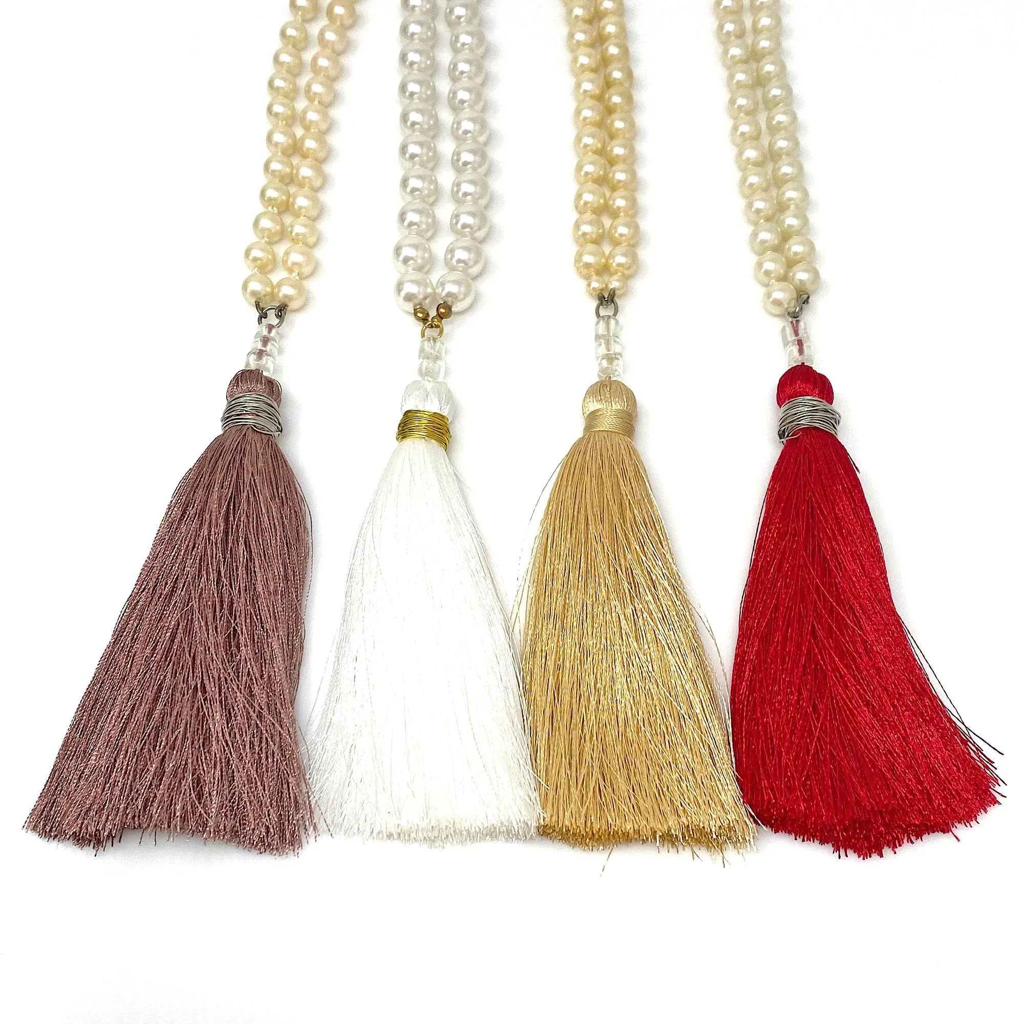 TOVA pearl and red tassel necklace