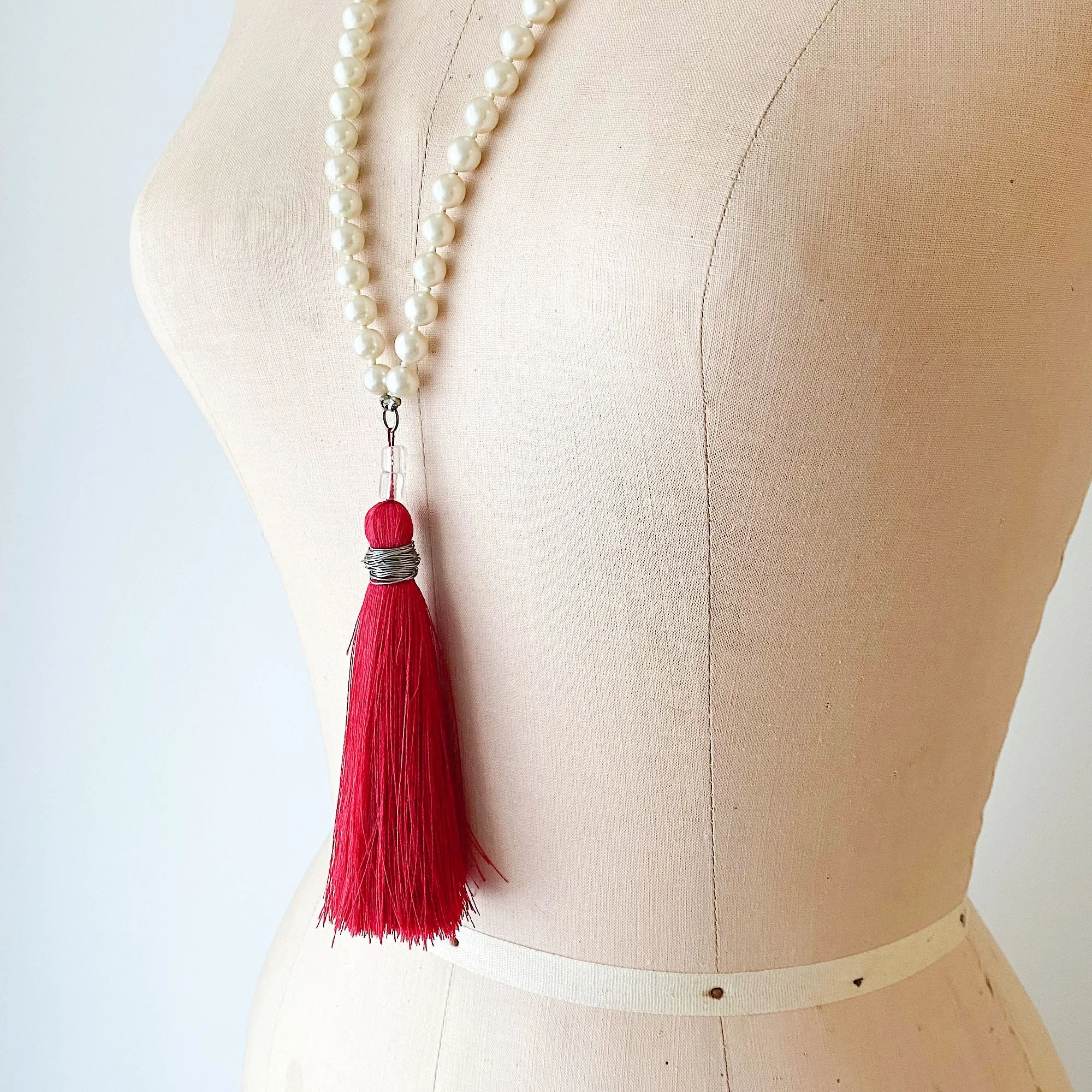 TOVA pearl and red tassel necklace