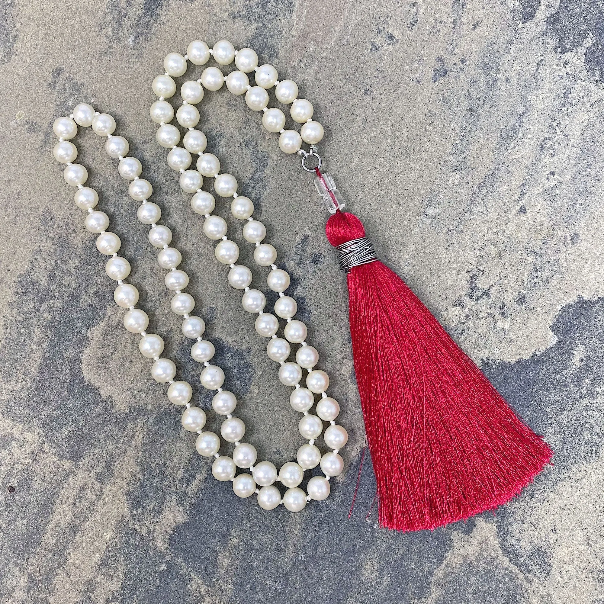 TOVA pearl and red tassel necklace