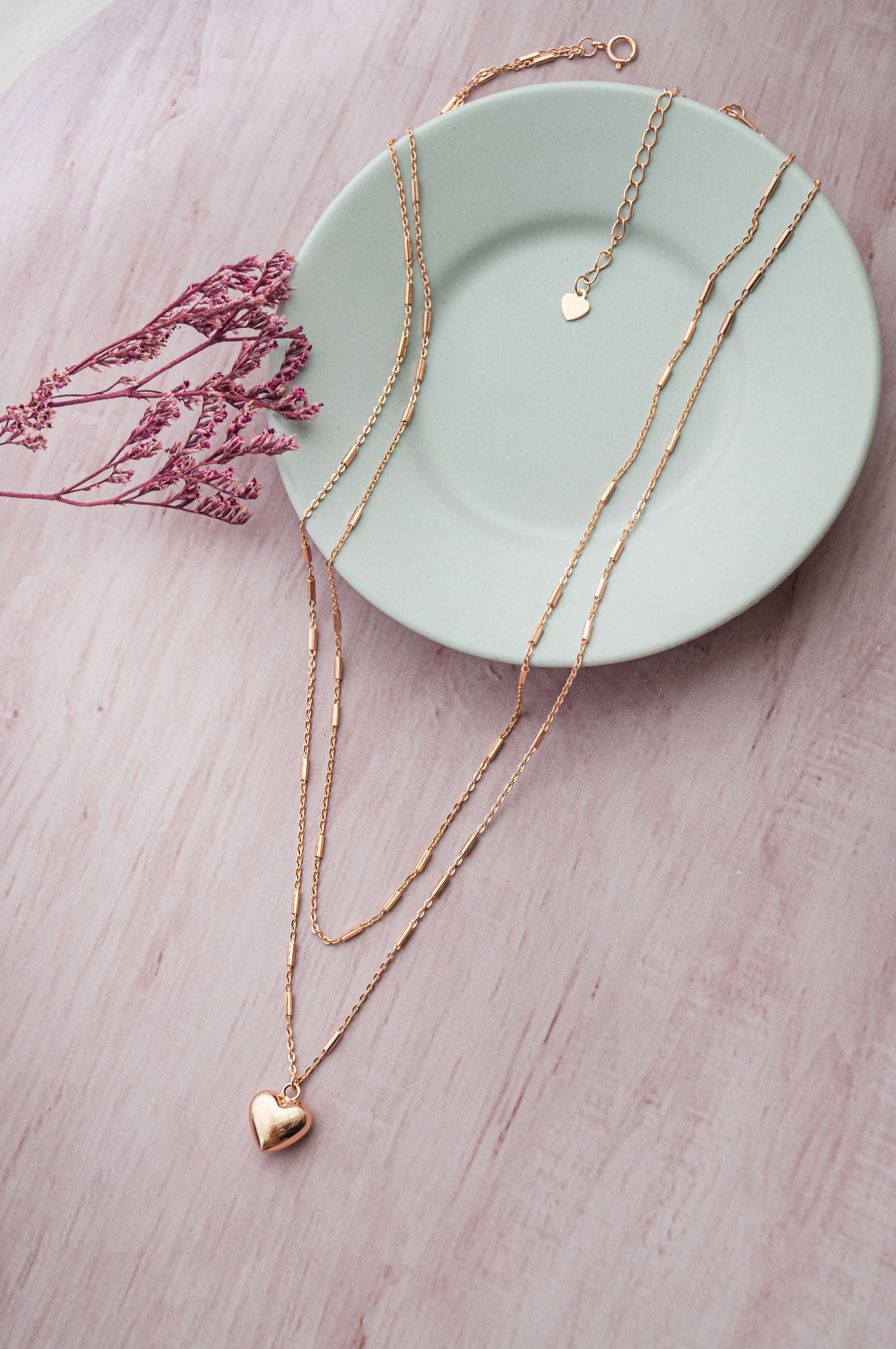 Trendy Two Layer With Heart Rose Gold Plated Sterling Silver Chain Necklace