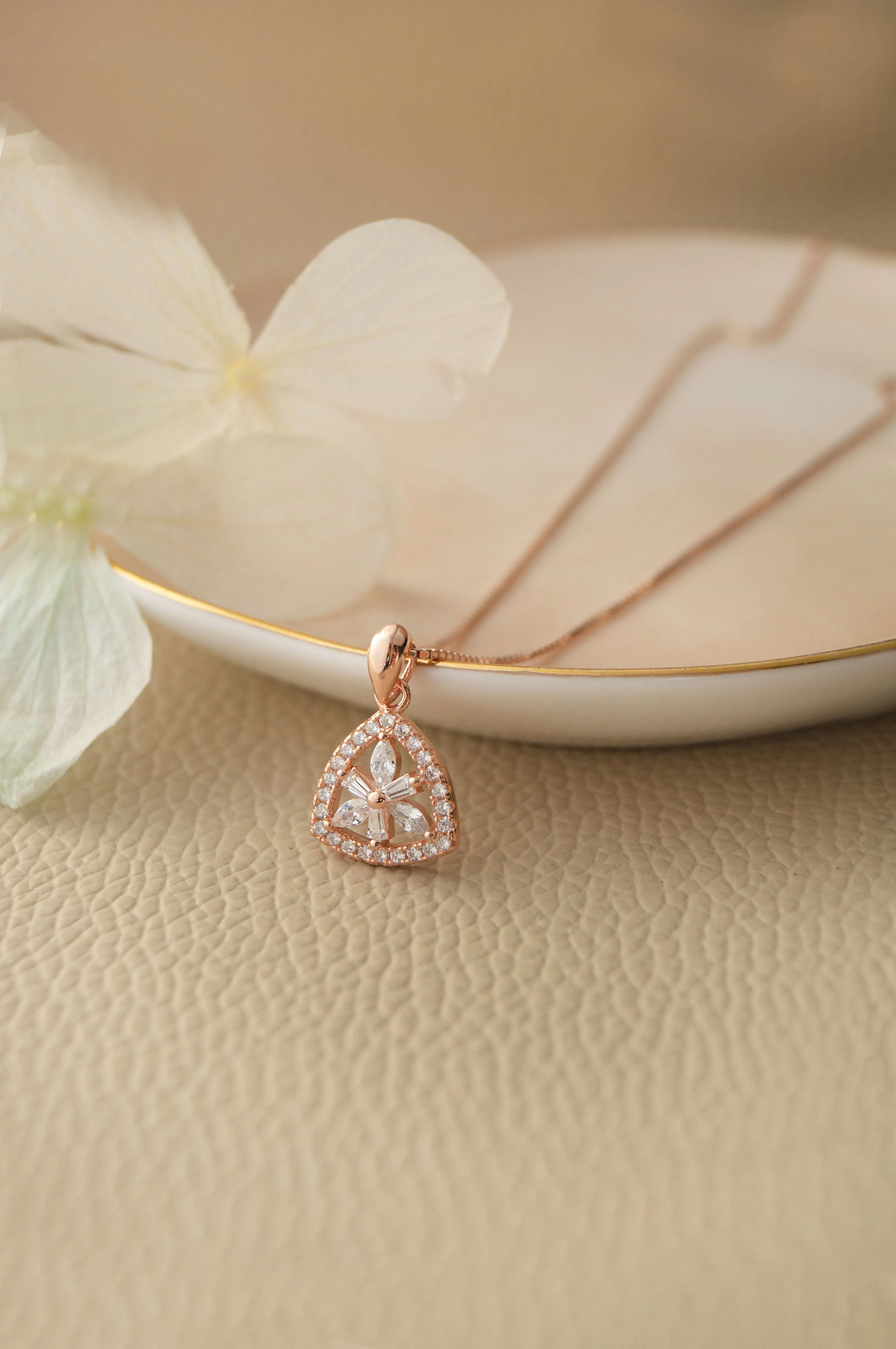 Triangular Flower Rose Gold Plated Sterling Silver Pendant