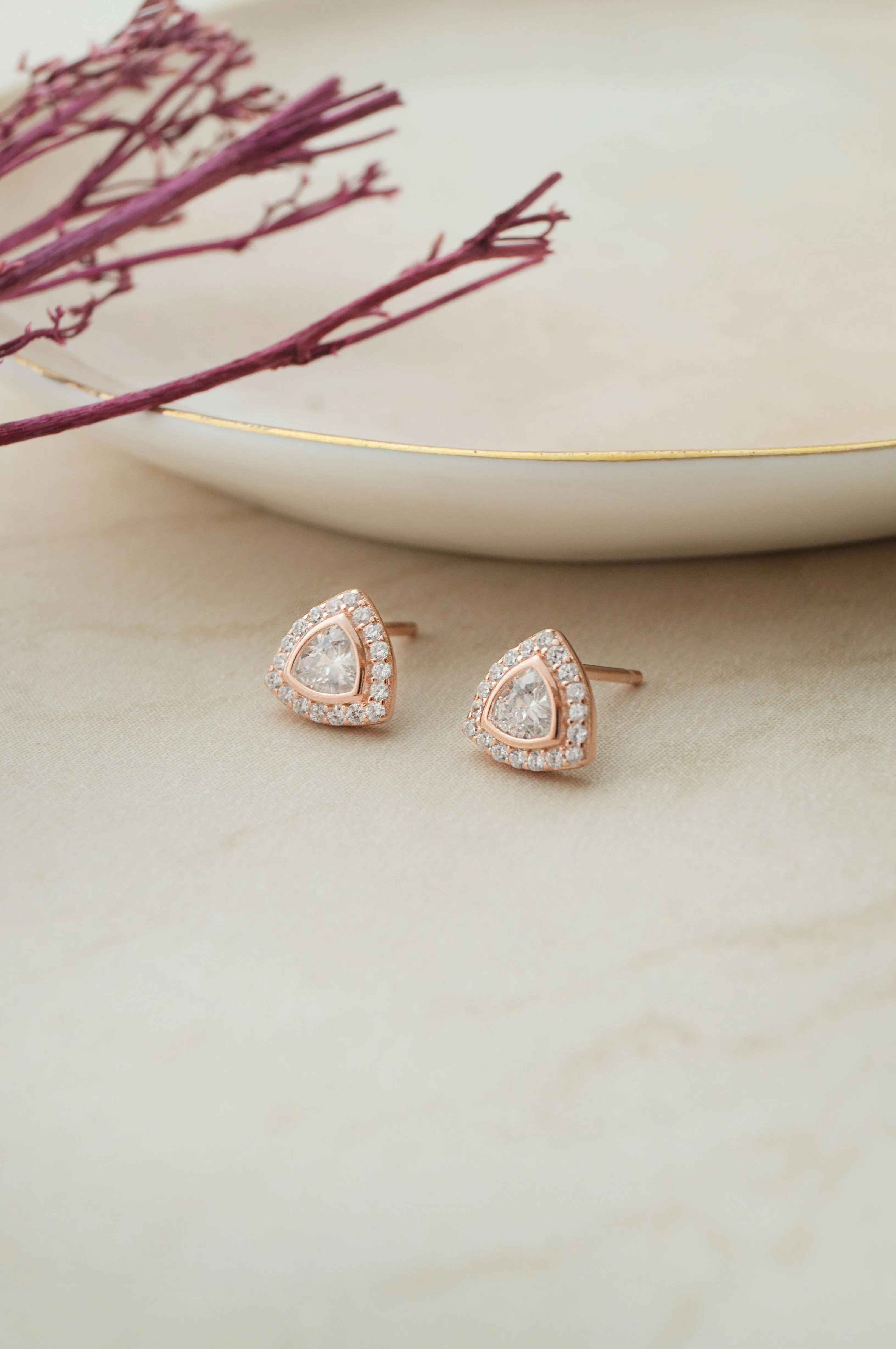 Trillion Sparkle Triangular Rose Gold Plated Sterling Silver Pendant Set