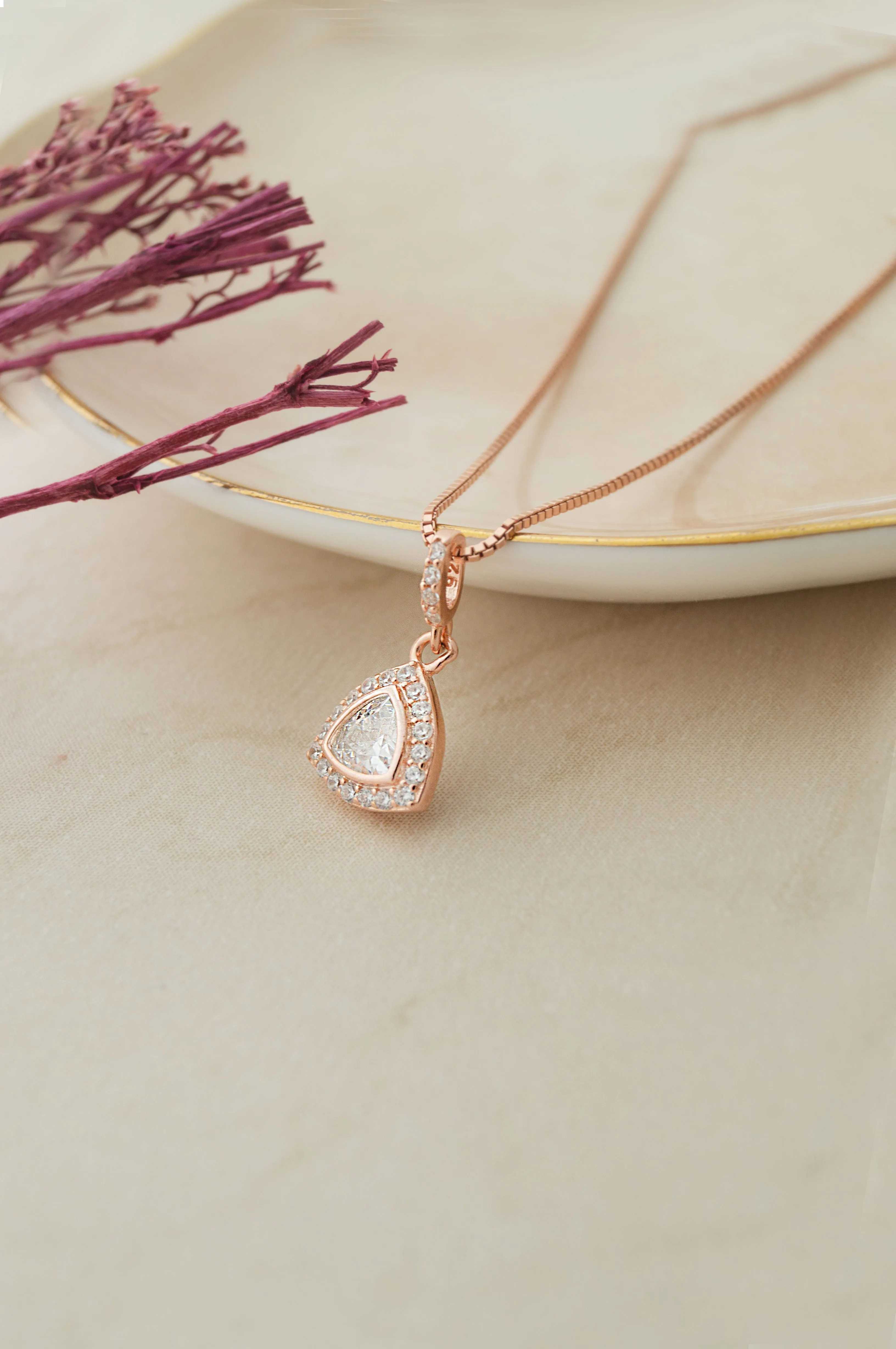 Trillion Sparkle Triangular Rose Gold Plated Sterling Silver Pendant Set