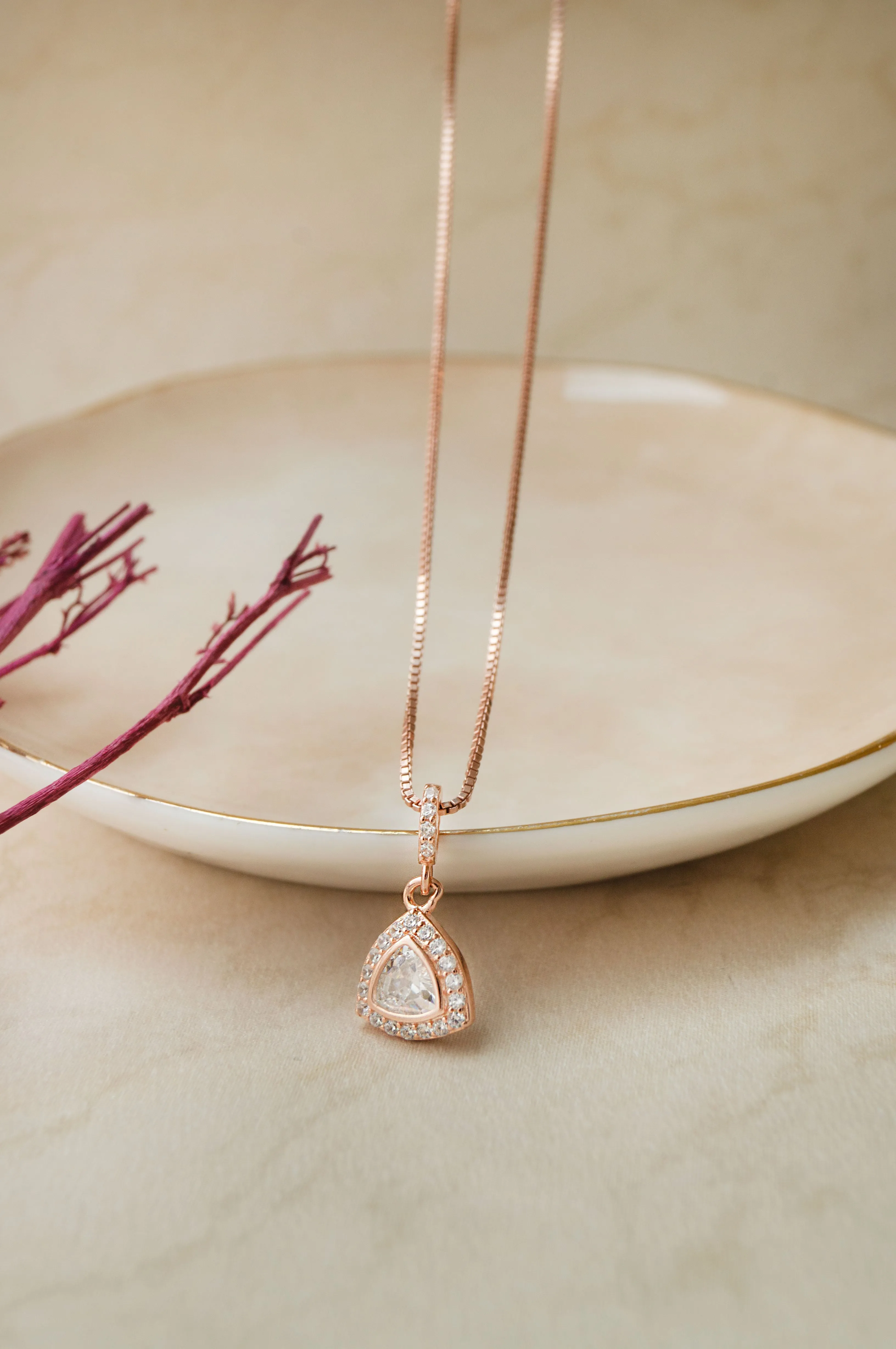 Trillion Sparkle Triangular Rose Gold Plated Sterling Silver Pendant Set