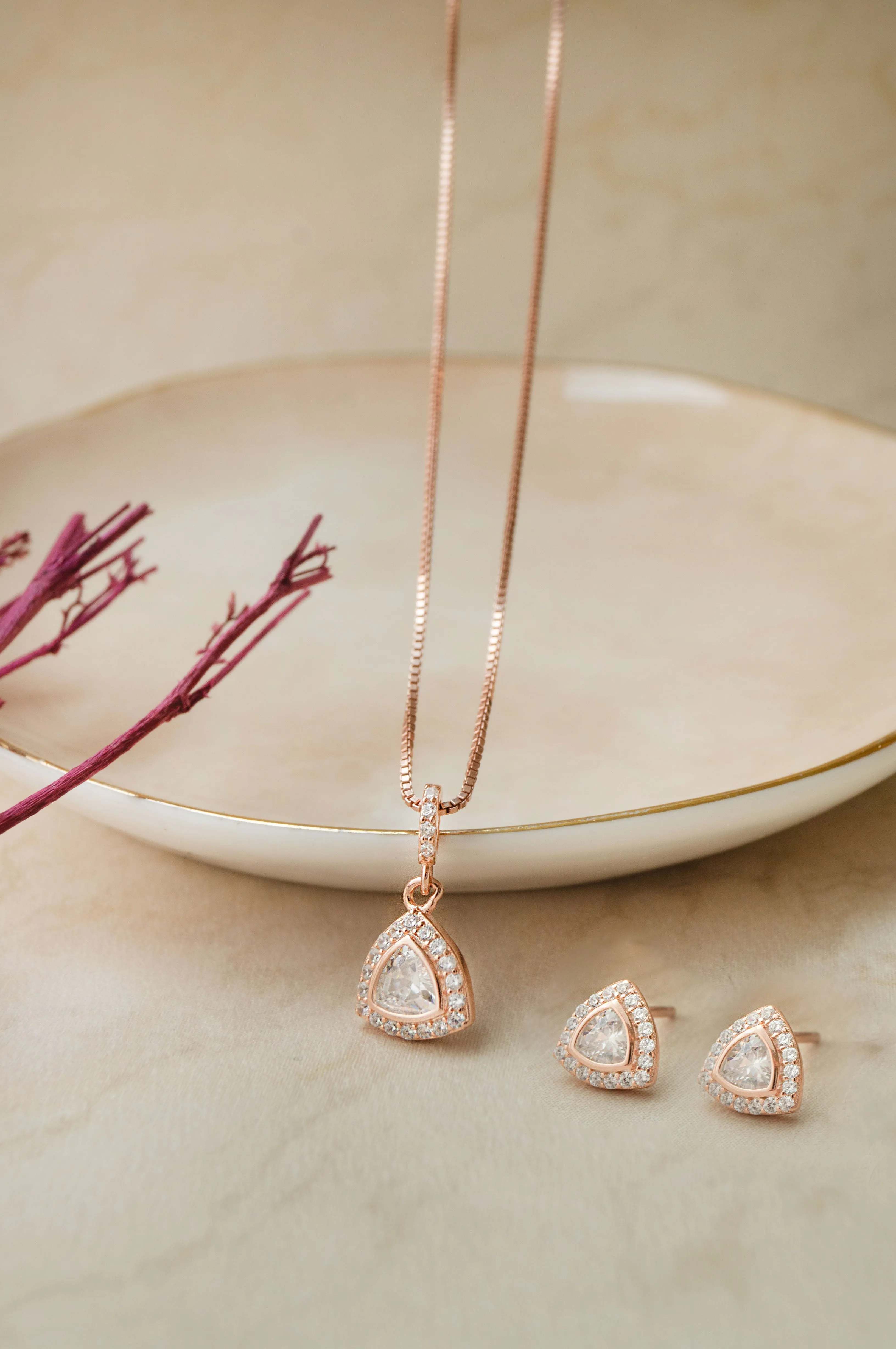 Trillion Sparkle Triangular Rose Gold Plated Sterling Silver Pendant Set