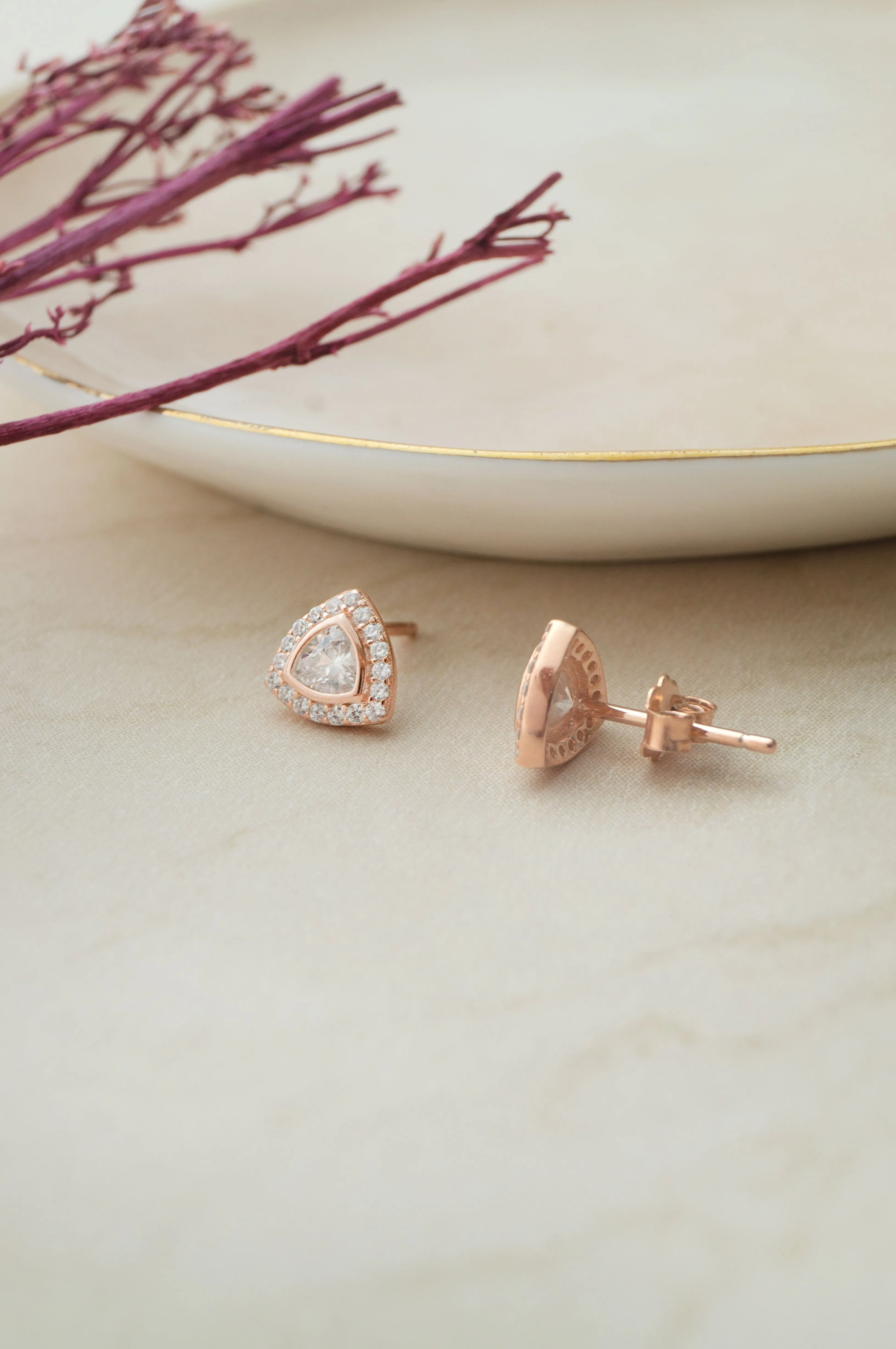 Trillion Sparkle Triangular Rose Gold Plated Sterling Silver Pendant Set