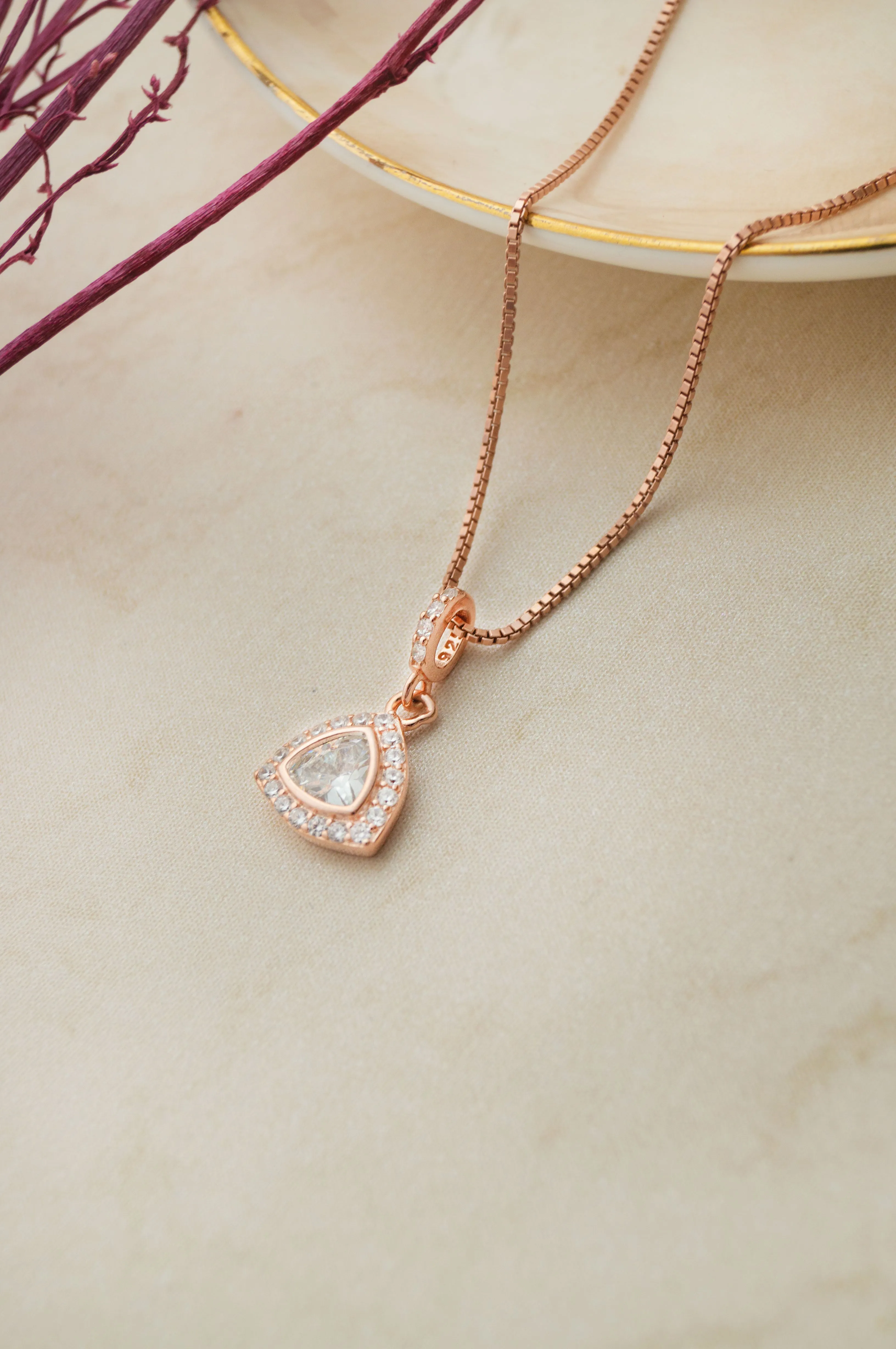 Trillion Sparkle Triangular Rose Gold Plated Sterling Silver Pendant Set