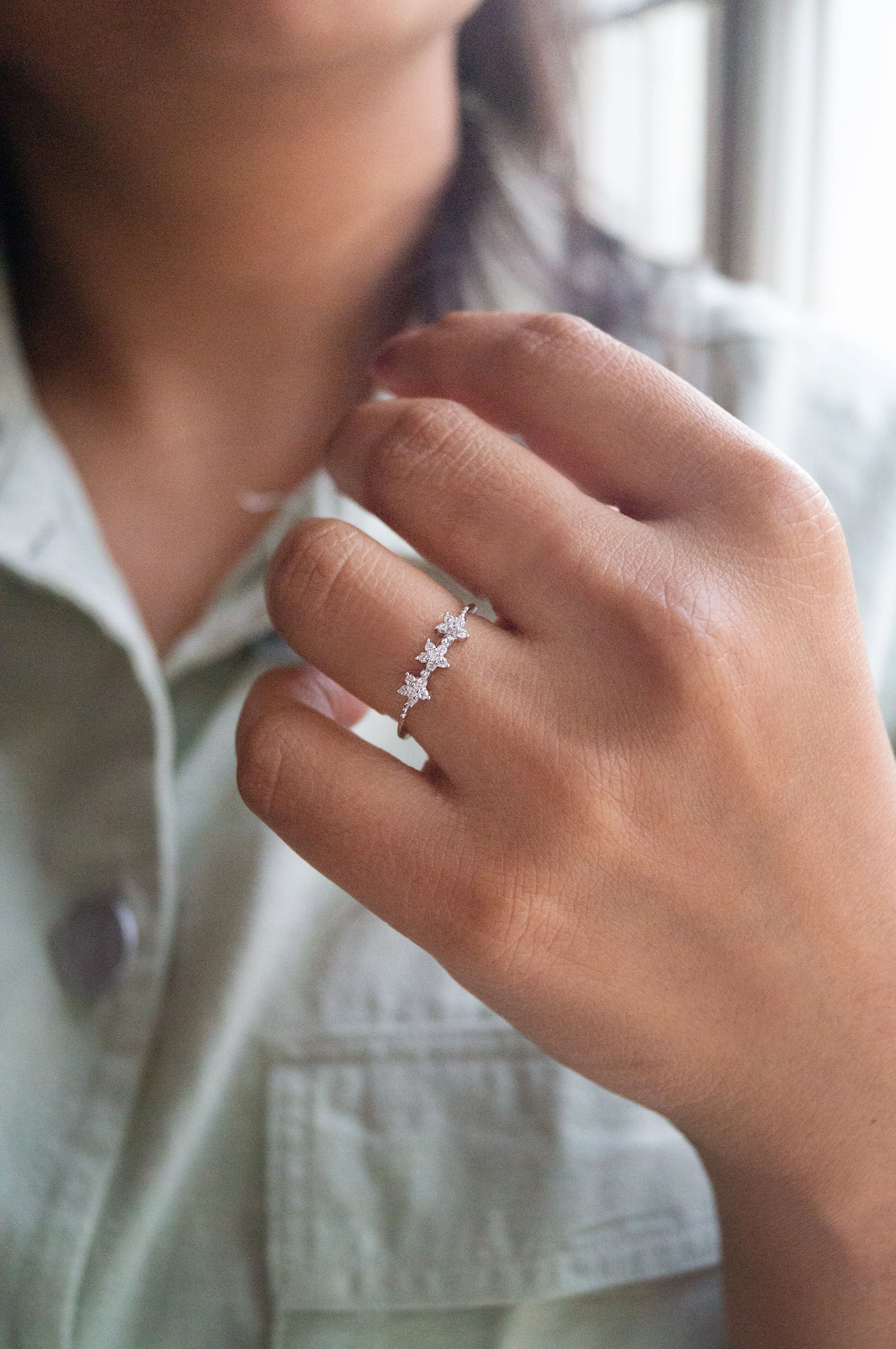 Triple Flower Rose Gold Plated Sterling Silver Delicate Ring