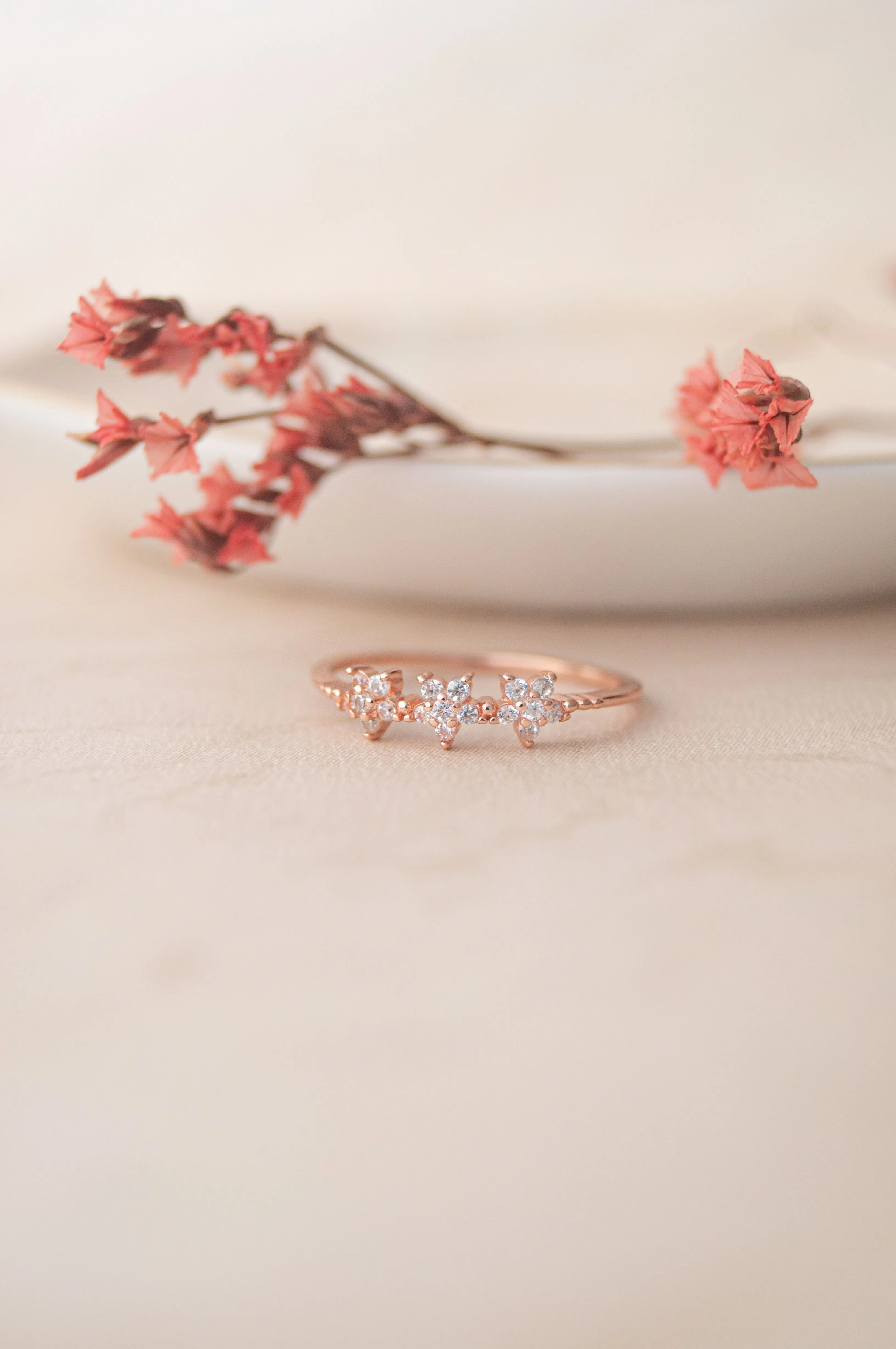 Triple Flower Rose Gold Plated Sterling Silver Delicate Ring