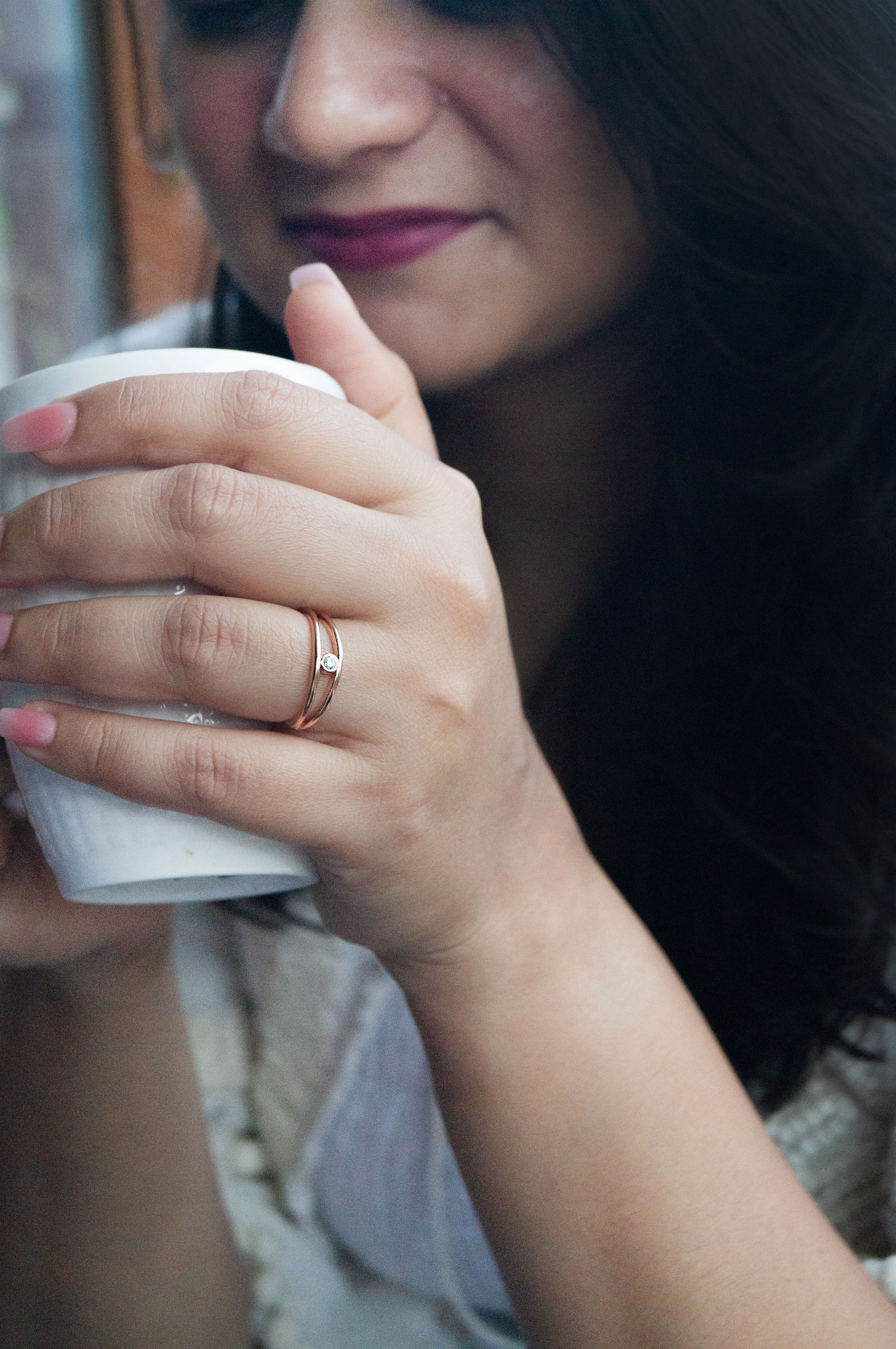 Two Line Solitaire Gold Plated Sterling Silver Adjustable Ring