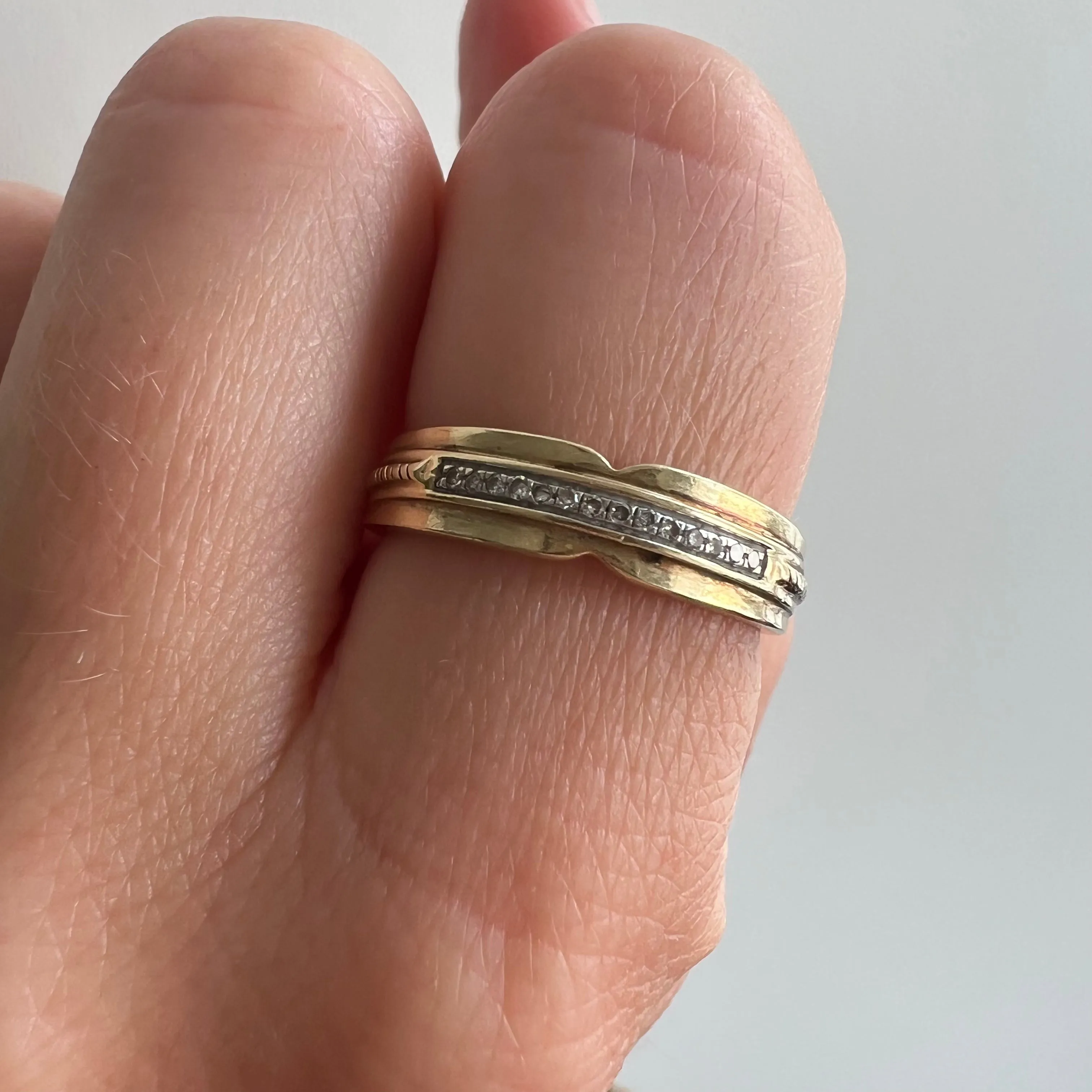 V I N T A G E // boldly delicate / 10k yellow and white gold ring w/ diamonds / size 7.25