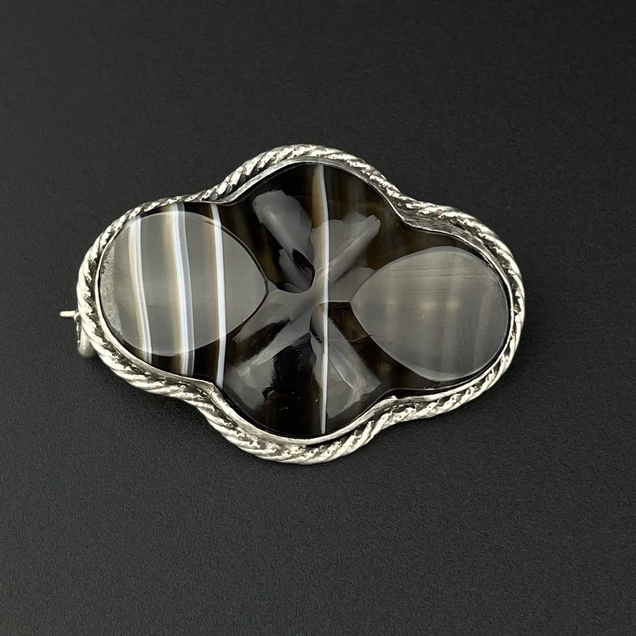 Victorian Silver Carved Scottish Banded Agate Brooch