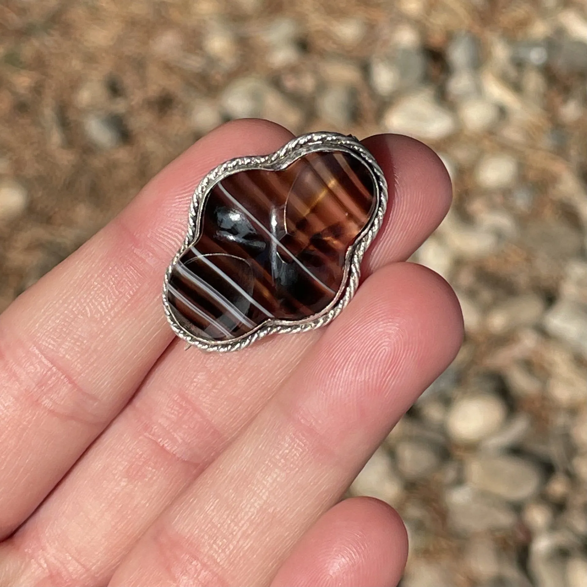 Victorian Silver Carved Scottish Banded Agate Brooch