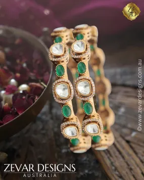 Victorian Style Polki AD Bangles - Emerald Green