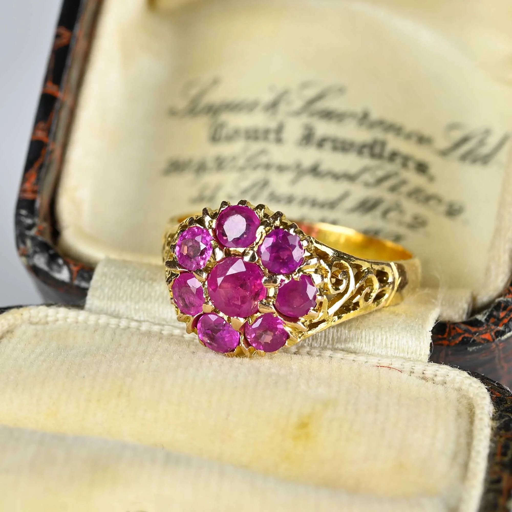 Vintage 14K Gold Filigree Ruby Cluster Ring