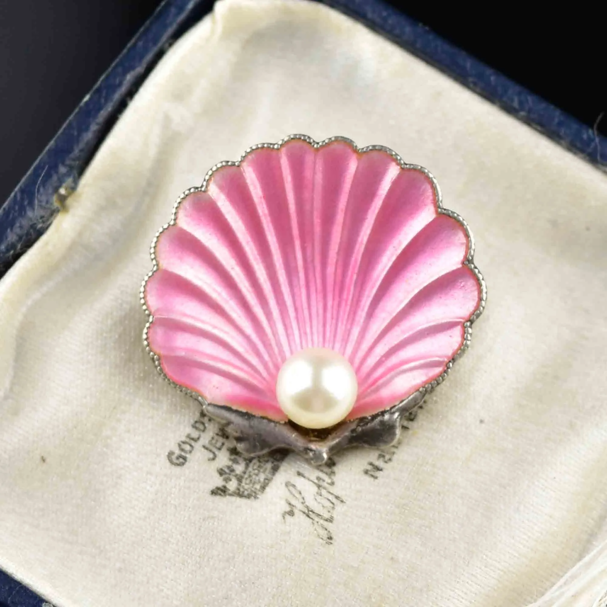 Vintage Art Deco Pink Enamel Pearl Shell Brooch