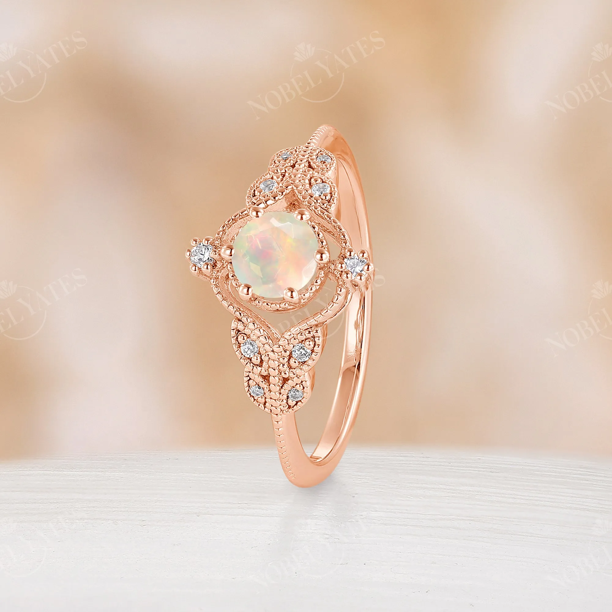 Vintage Faced Ethiopian Opal Milgrain Engagement Ring Rose Gold