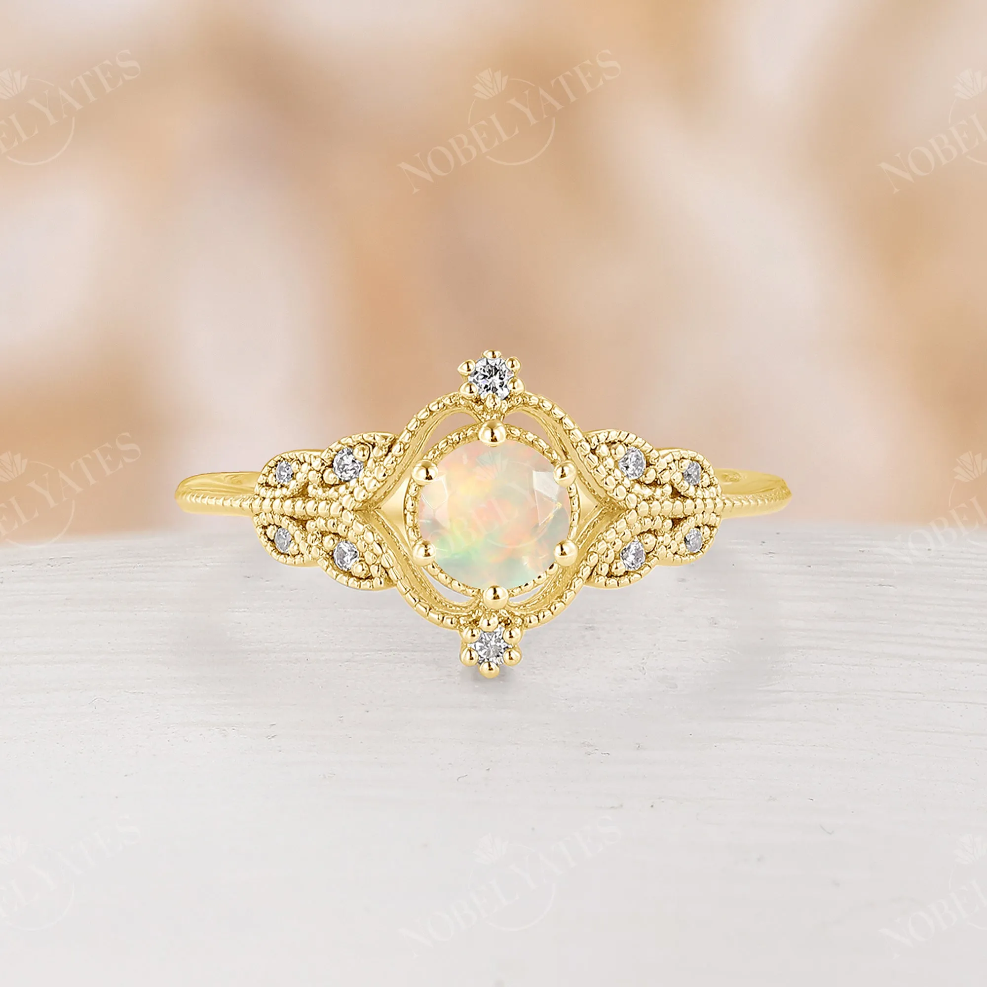 Vintage Faced Ethiopian Opal Milgrain Engagement Ring Rose Gold