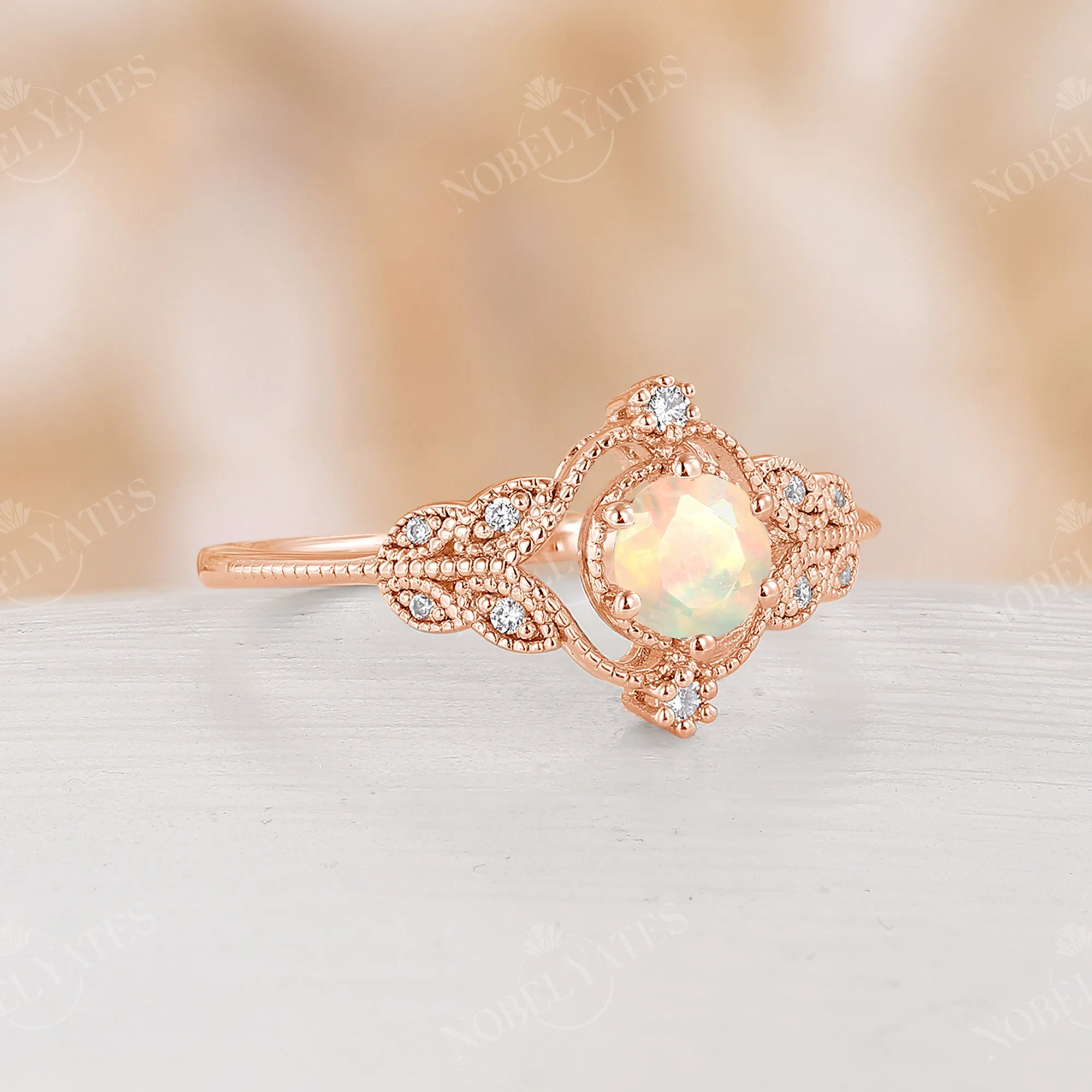 Vintage Faced Ethiopian Opal Milgrain Engagement Ring Rose Gold