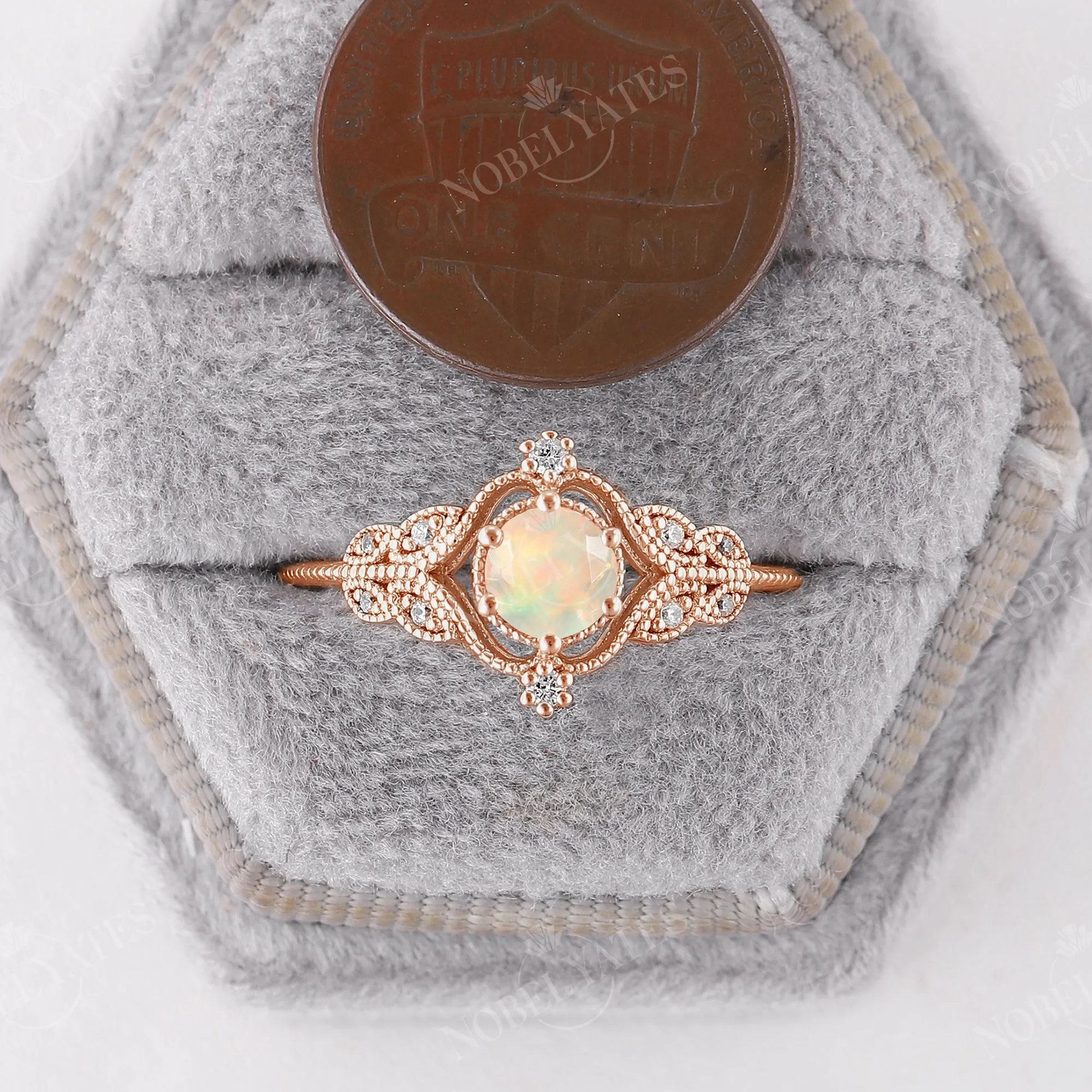 Vintage Faced Ethiopian Opal Milgrain Engagement Ring Rose Gold