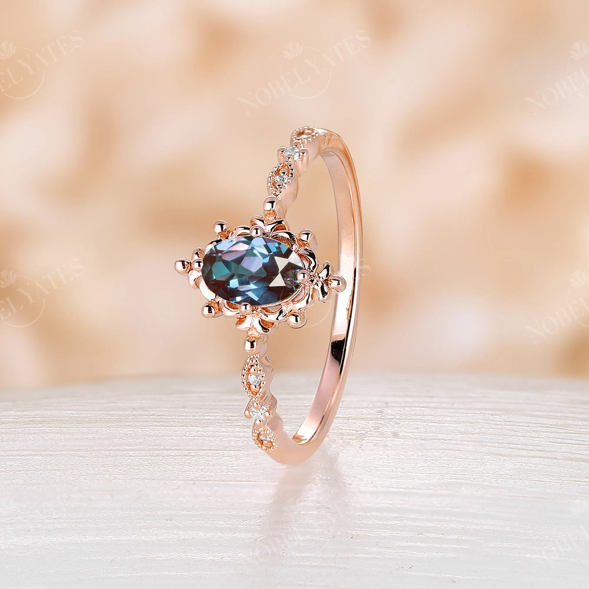 Vintage Lab Alexandrite & Diamond Milgrain Engagement Ring Rose Gold