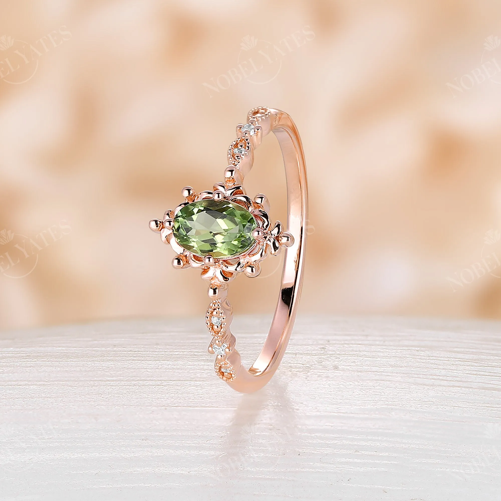 Vintage Oval Peridot Milgrain Engagement Ring Rose Gold