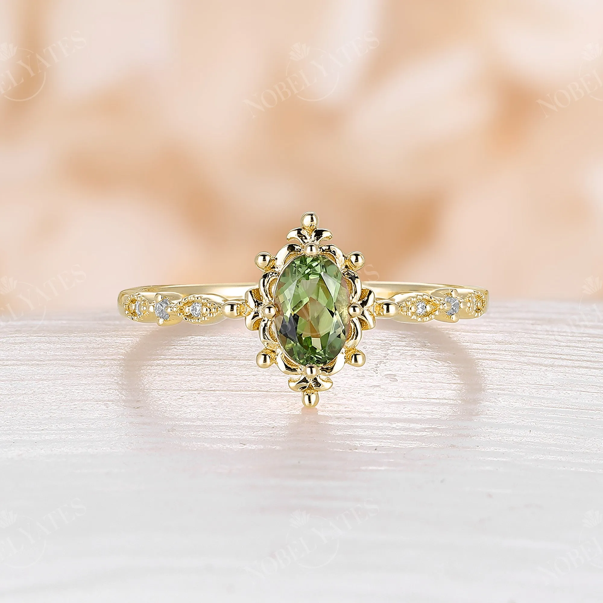 Vintage Oval Peridot Milgrain Engagement Ring Rose Gold