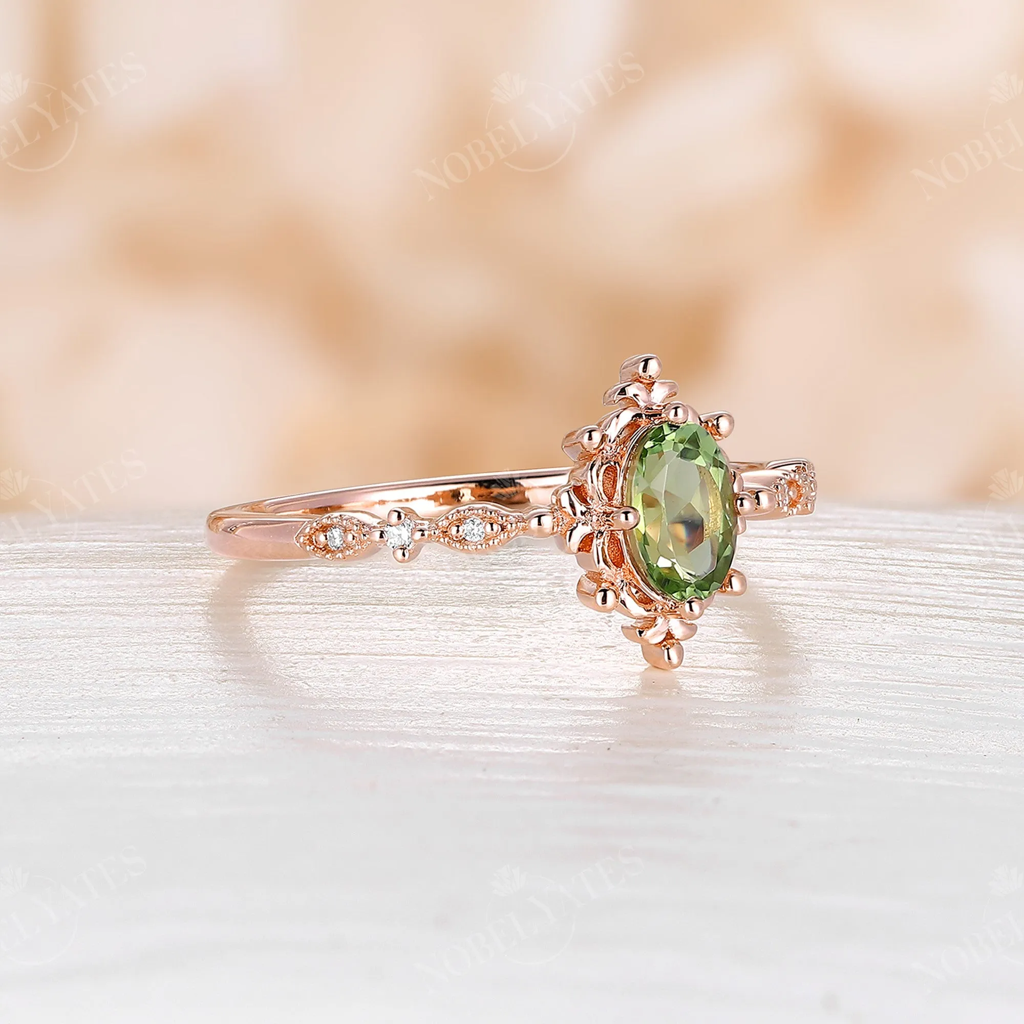 Vintage Oval Peridot Milgrain Engagement Ring Rose Gold